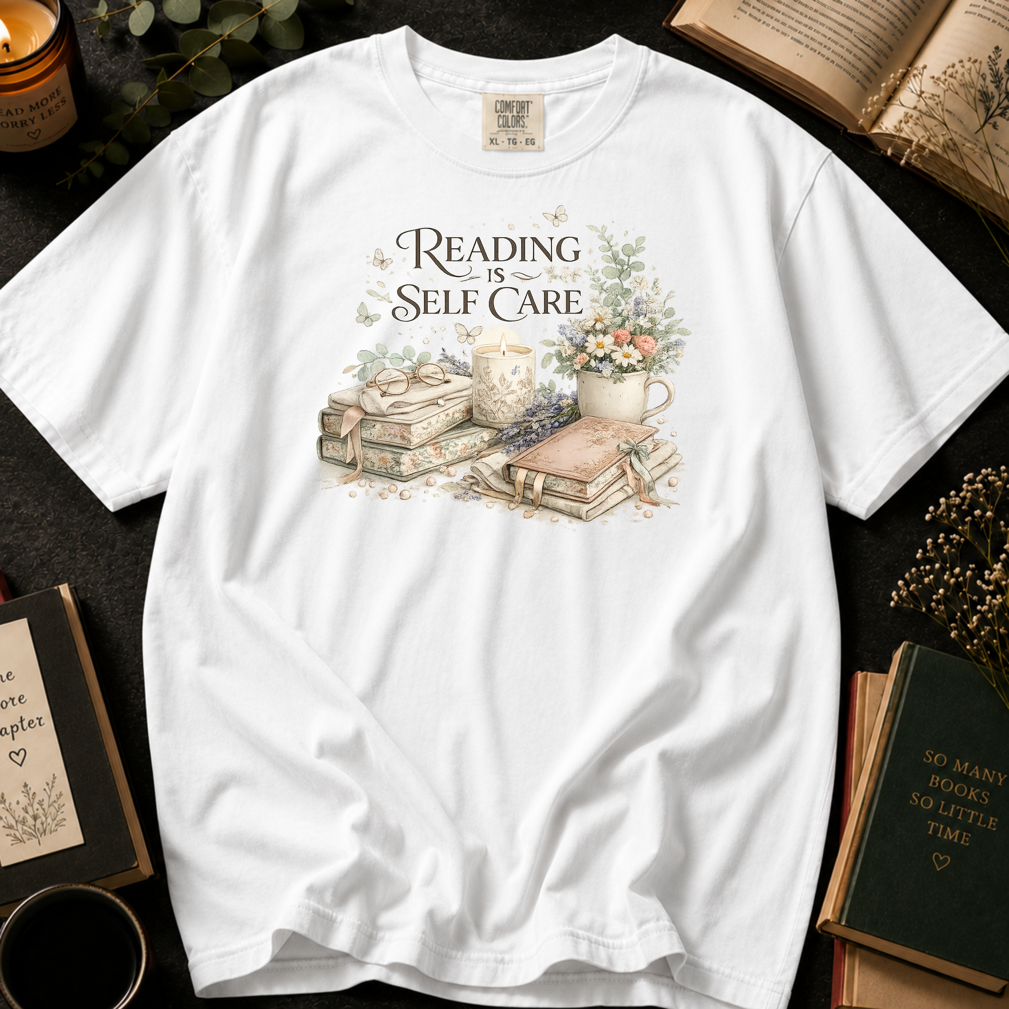Reading Is Self Care T-Shirt: Candlelight and Books in White - Comfort Colors® T-Shirt