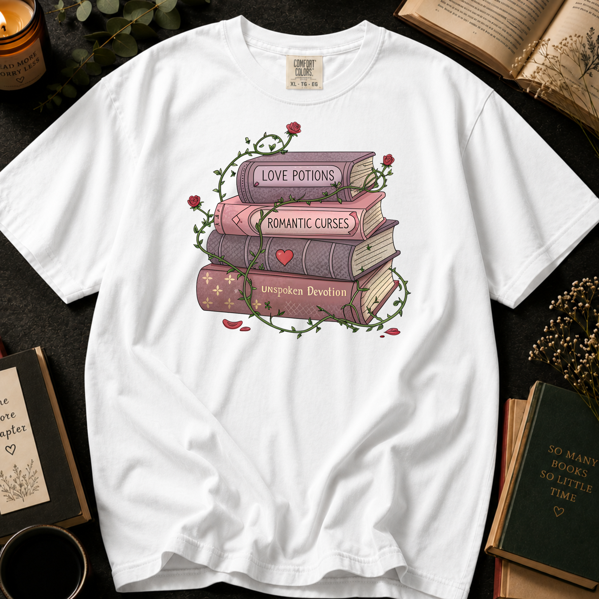 Love Potions and Romantic Curses T-Shirt: Rose Wrapped Book Stack in White - Comfort Colors® T-Shirt