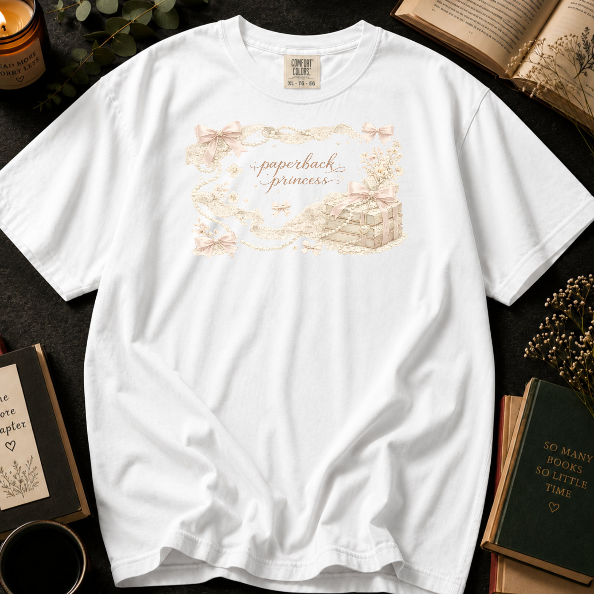 Paperback Princess T-Shirt: Vintage Pearls and Bows in White - Comfort Colors® T-Shirt