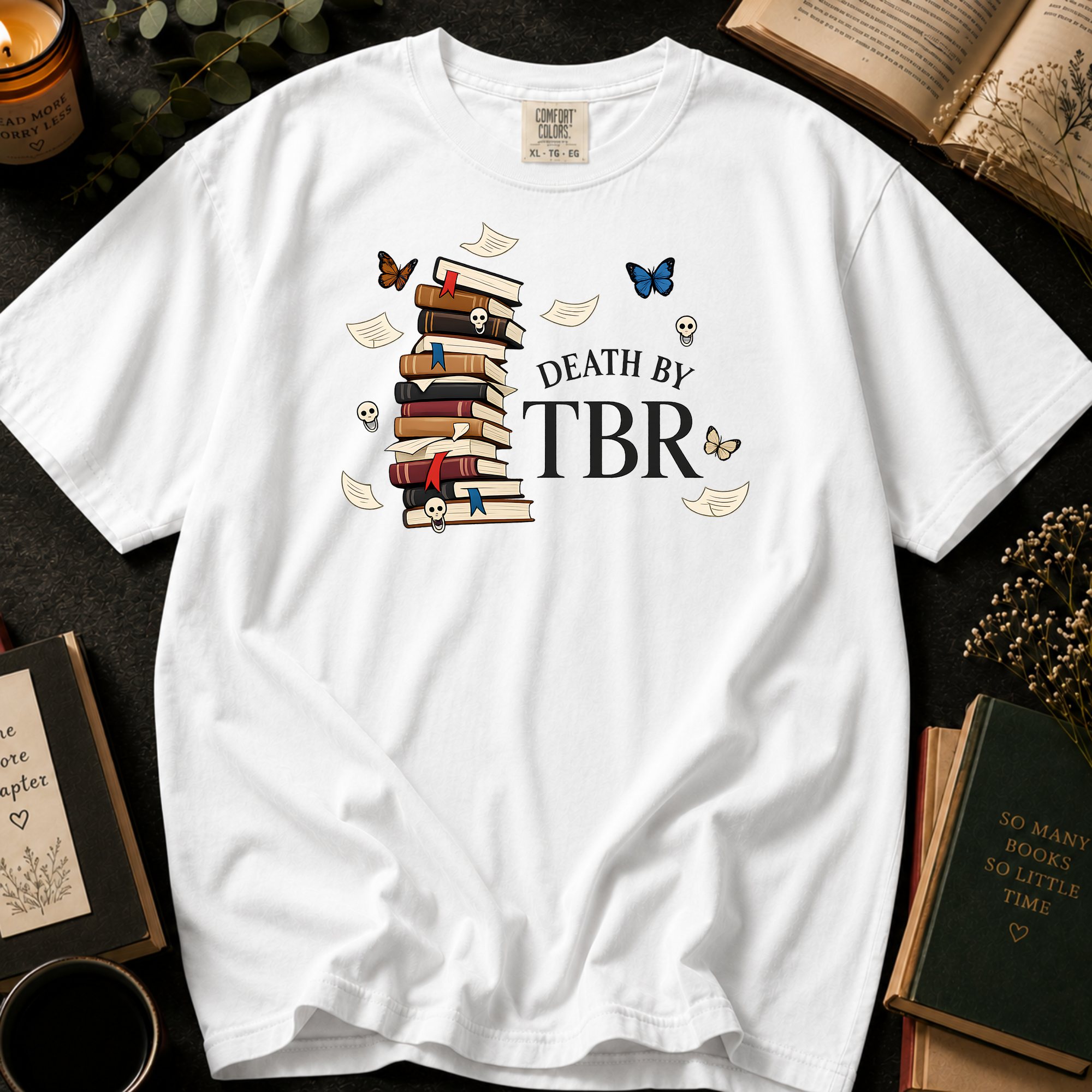 Death By TBR T-Shirt: Gothic Book Stack in White - Comfort Colors® T-Shirt