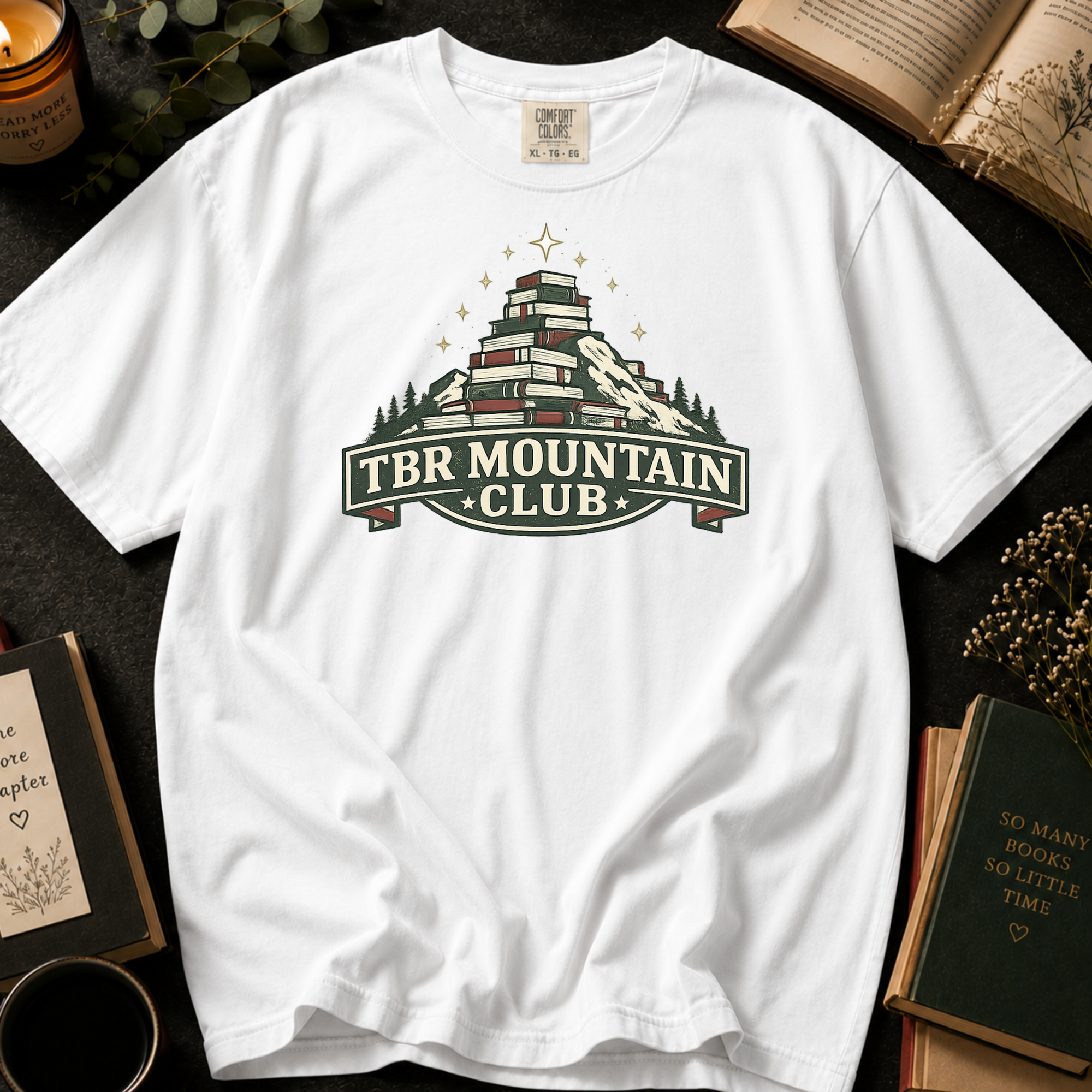 TBR Mountain Club T-Shirt: Book Stack Mountain in White - Comfort Colors® T-Shirt