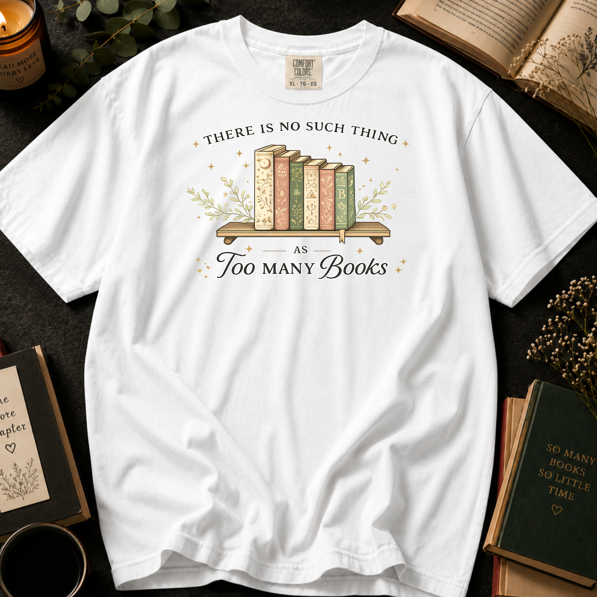 There Is No Such Thing As Too Many Books T-Shirt: Vintage Bookshelf in White - Comfort Colors® T-Shirt