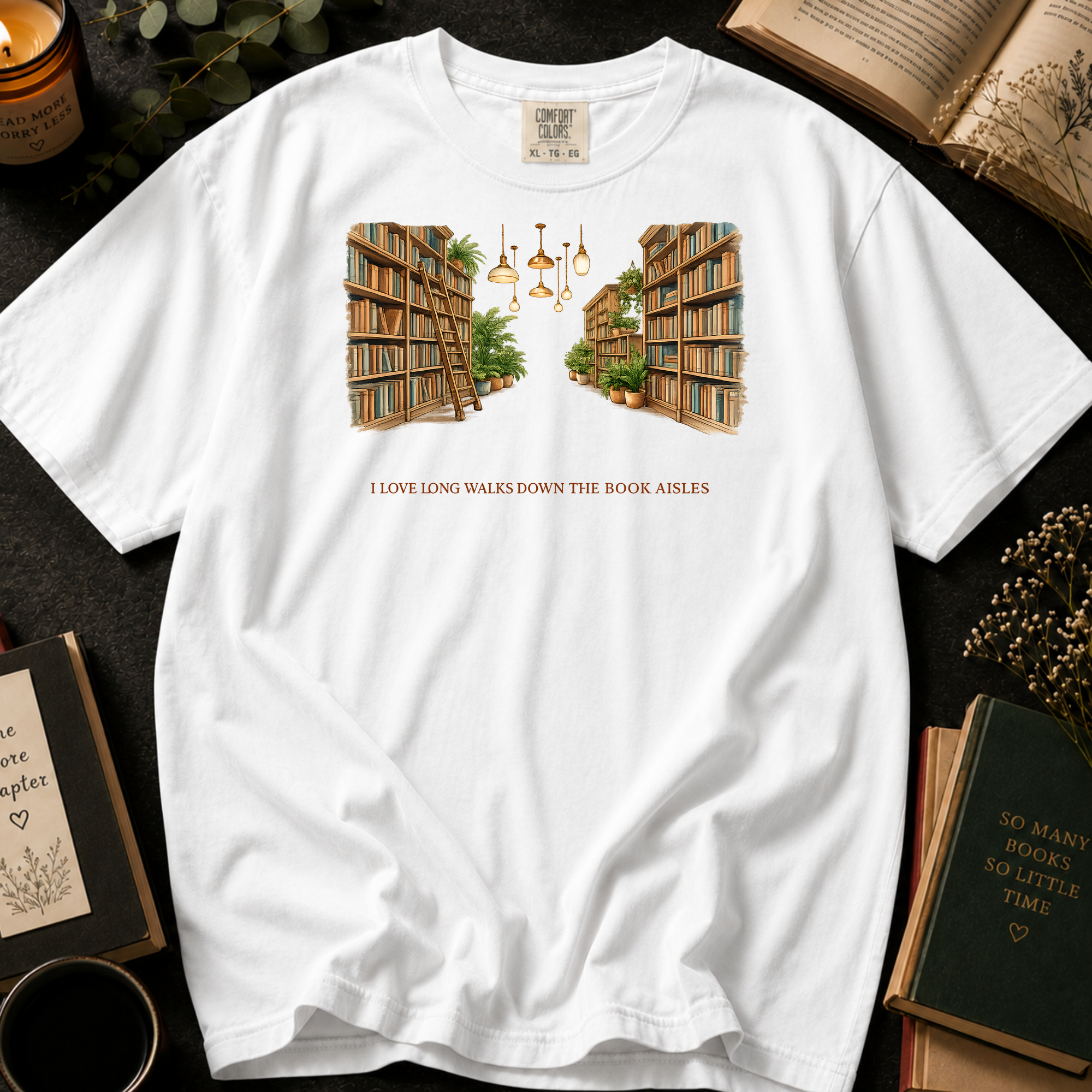 I Love Long Walks Down The Book Aisles T-Shirt: Cozy Library in White - Comfort Colors® T-Shirt
