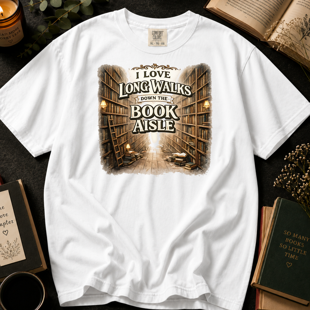 I Love Long Walks Down The Book Aisle T-Shirt: Vintage Bookstore in White - Comfort Colors® T-Shirt