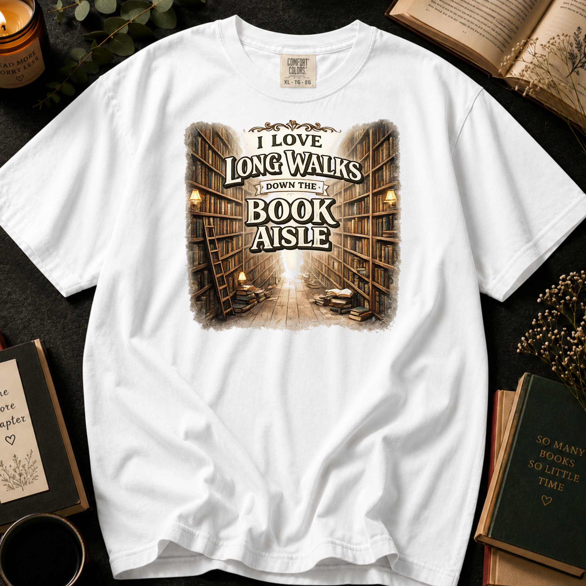 I Love Long Walks Down The Book Aisle T-Shirt: Vintage Bookstore in White - Comfort Colors® T-Shirt