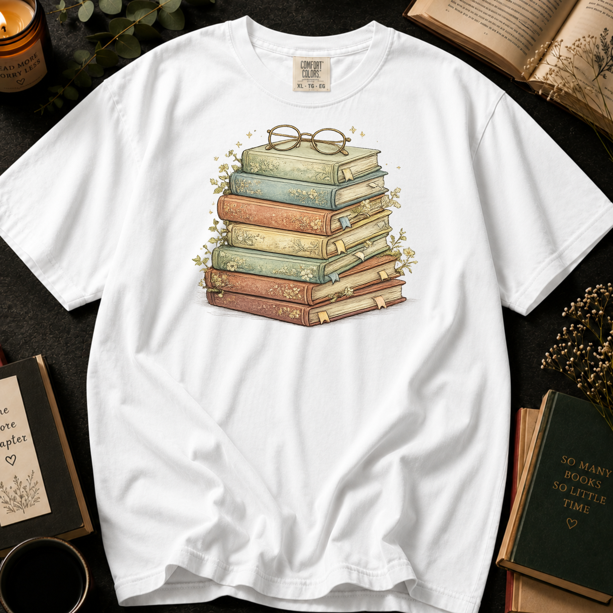 Vintage Stack of Books T-Shirt: Reading Glasses in White - Comfort Colors® T-Shirt