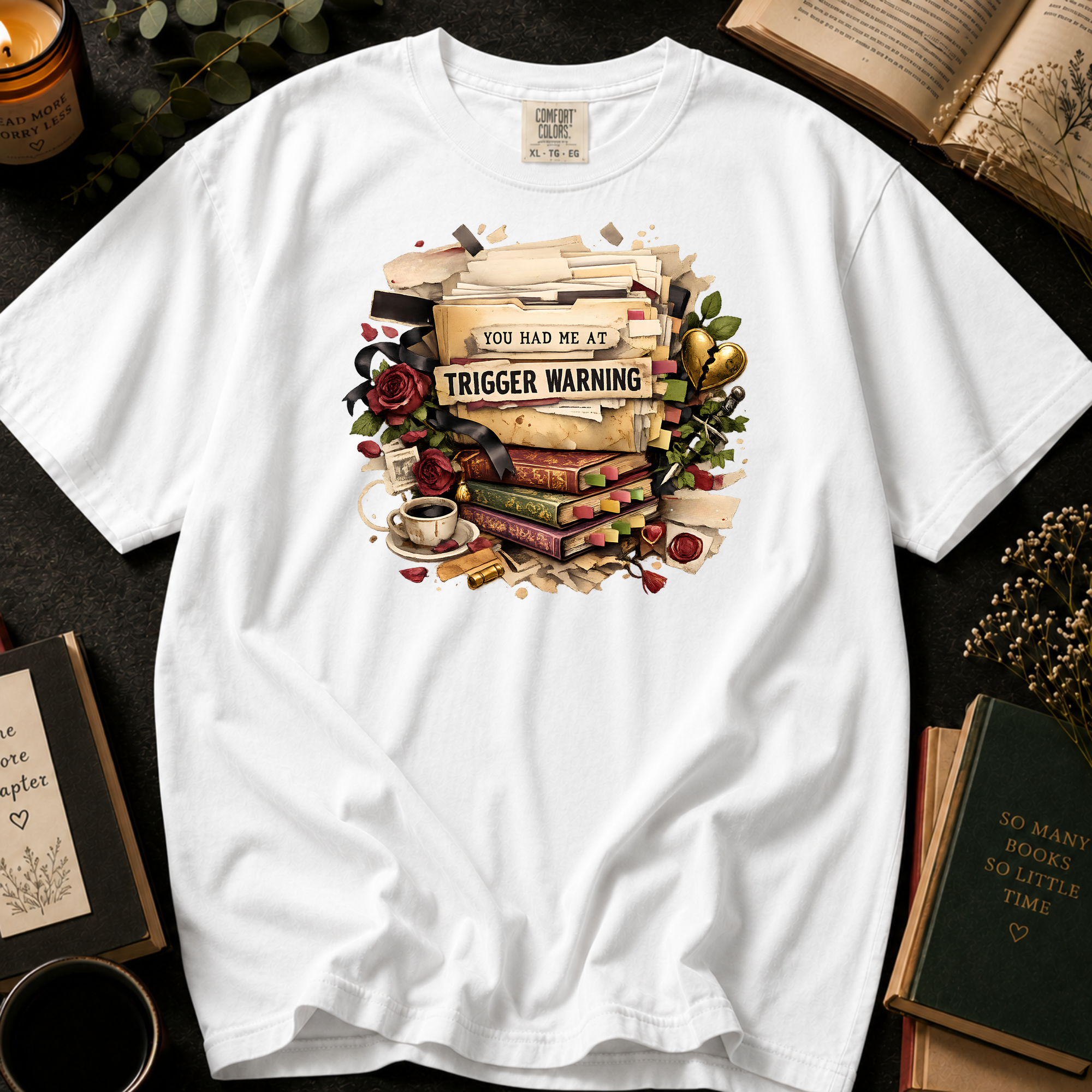 You Had Me At Trigger Warning T-Shirt: Vintage Book Stack in White - Comfort Colors® T-Shirt