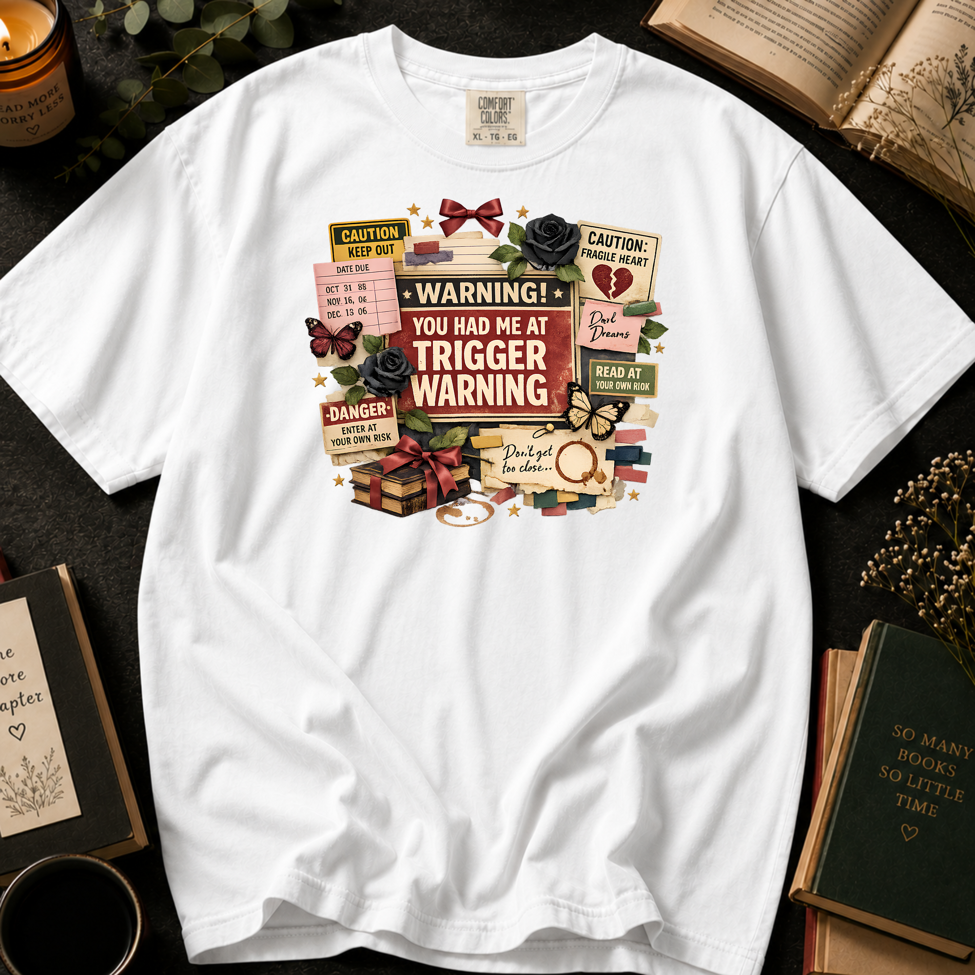You Had Me At Trigger Warning T-Shirt: Warning Label Collage Graphic Tee