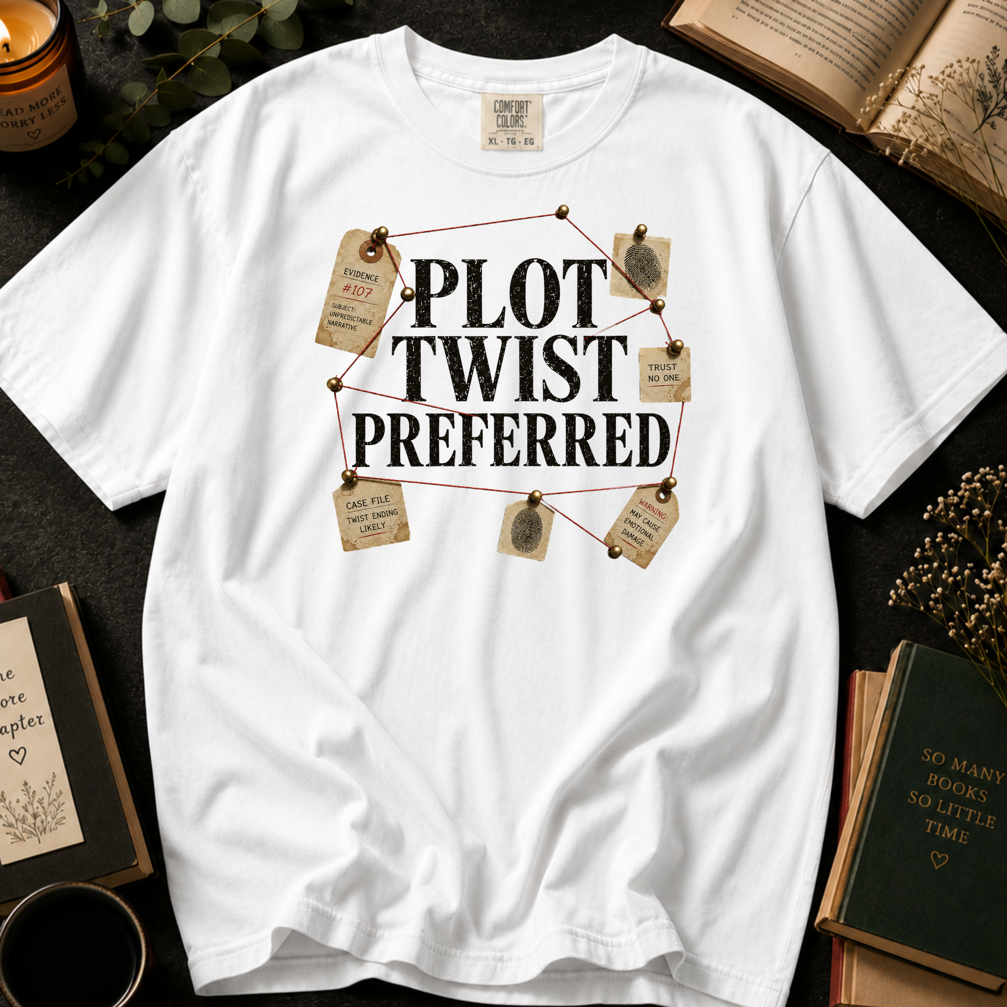 Plot Twist Preferred T-Shirt: Detective Evidence Board in White - Comfort Colors® T-Shirt