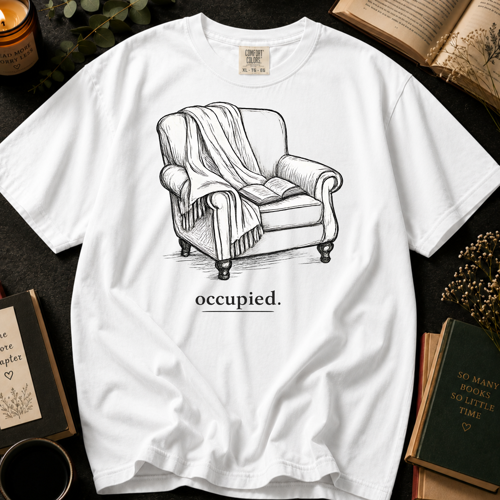 Occupied T-Shirt: Cozy Armchair Sketch in White - Comfort Colors® T-Shirt