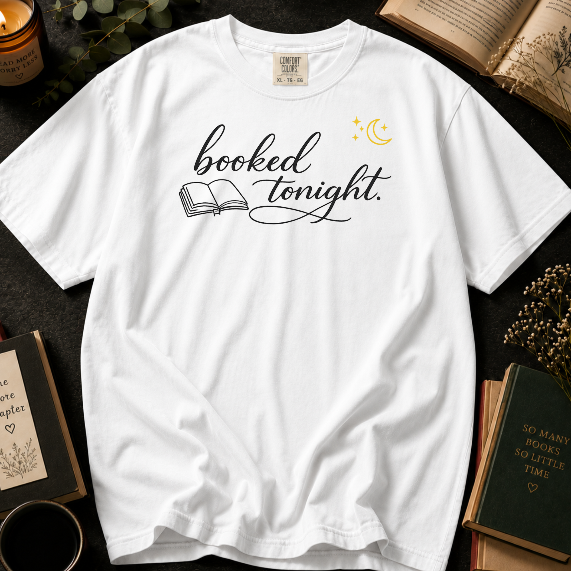 Booked Tonight T-Shirt: Cozy Evening Reading in White - Comfort Colors® T-Shirt