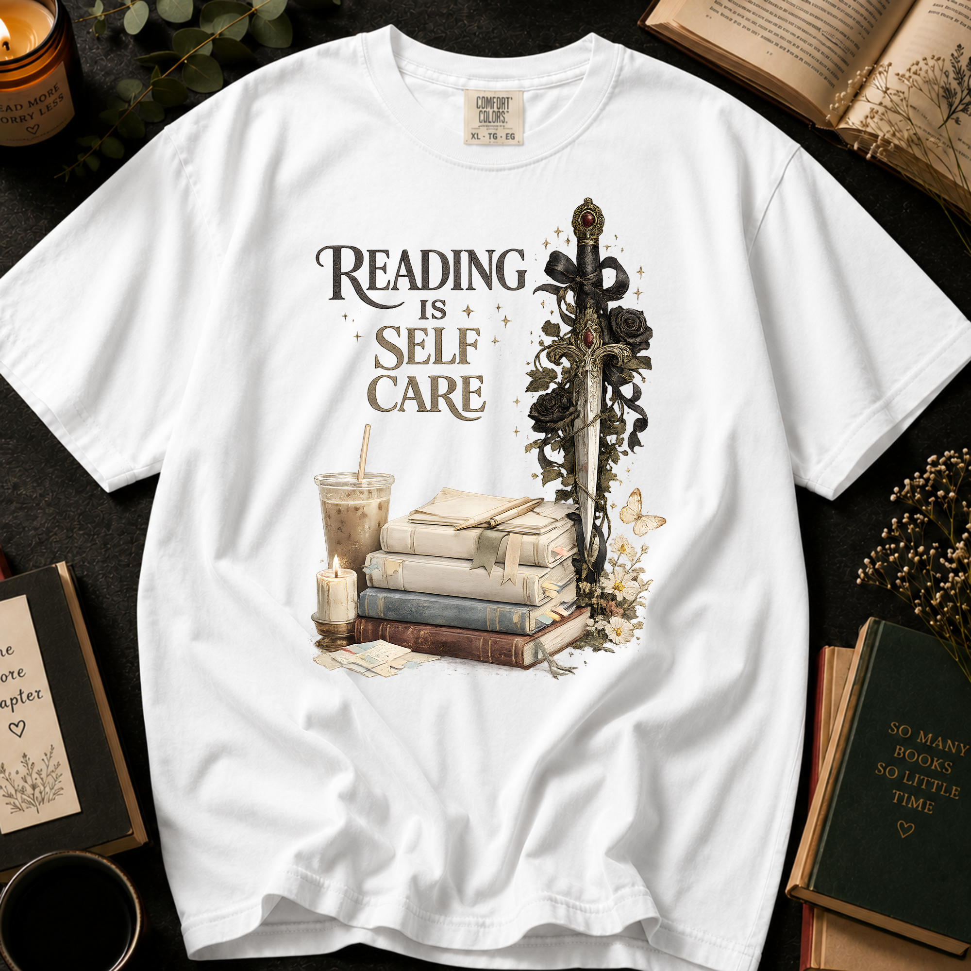 Reading Is Self Care T-Shirt: Gothic Dagger and Black Roses in White - Comfort Colors® T-Shirt