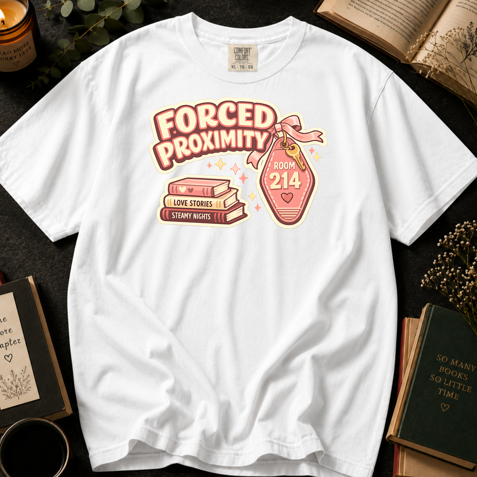 Forced Proximity Room 214 T-Shirt: Retro Motel Keychain in White - Comfort Colors® T-Shirt