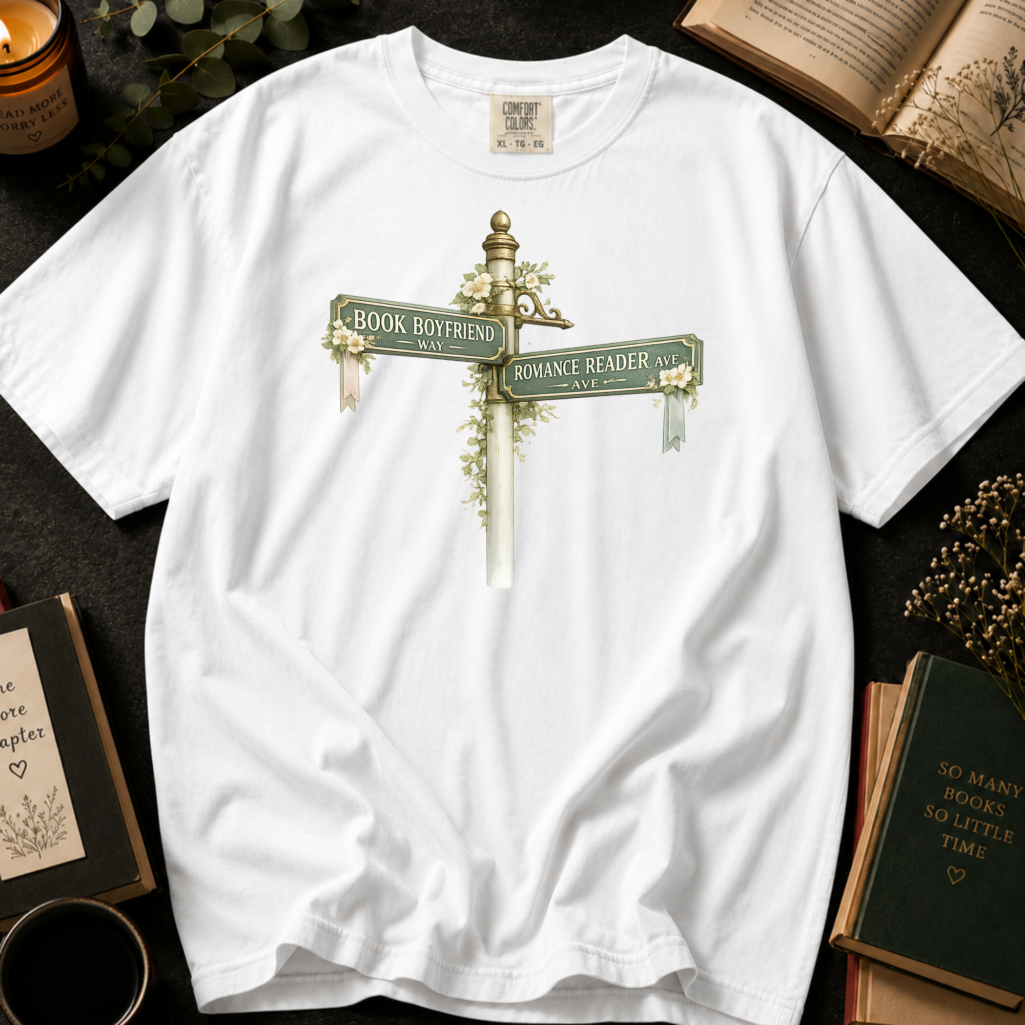 Book Boyfriend Way and Romance Reader Ave T-Shirt: Vintage Street Sign in White - Comfort Colors® T-Shirt