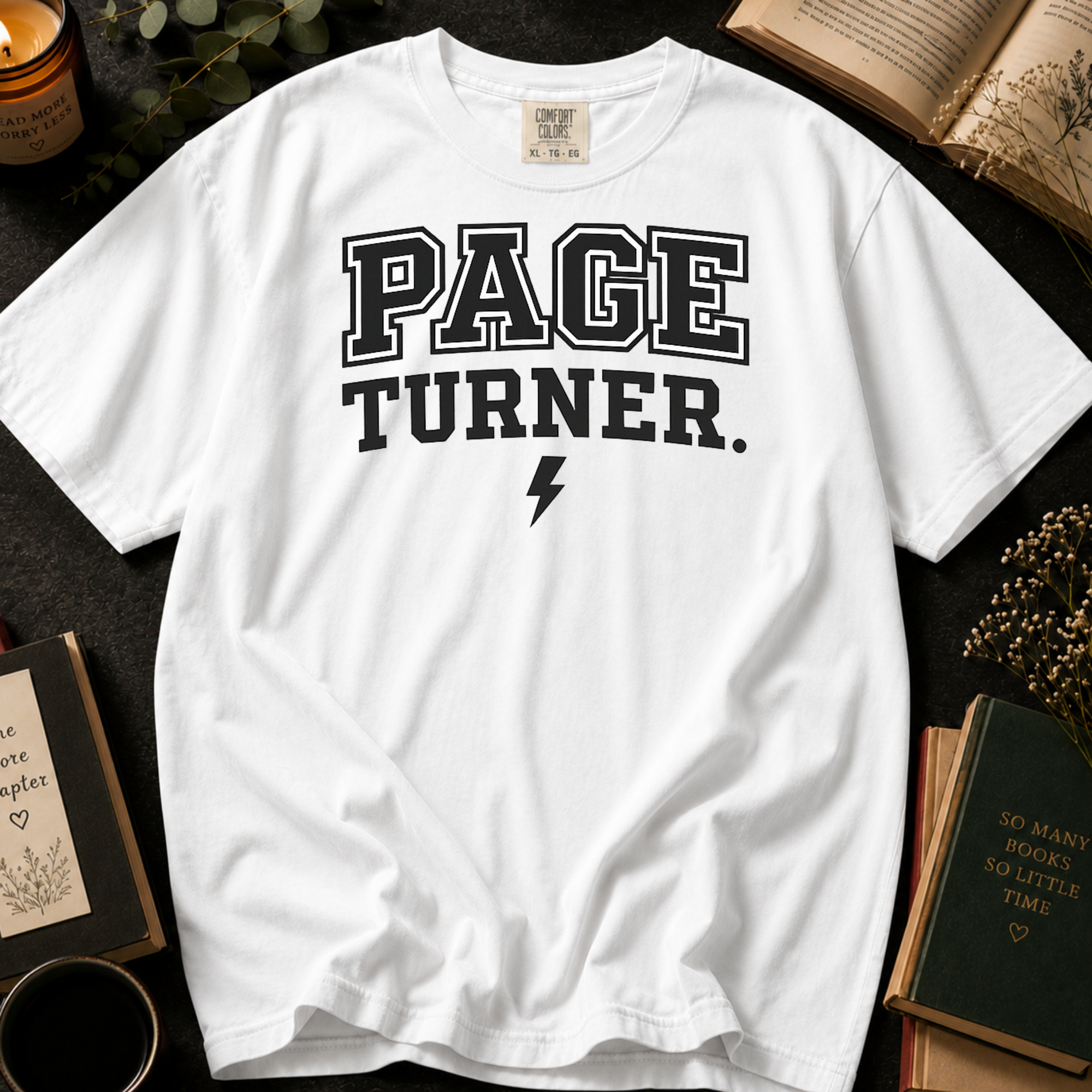 Page Turner T-Shirt: Varsity Style Book Lover in White - Comfort Colors® T-Shirt
