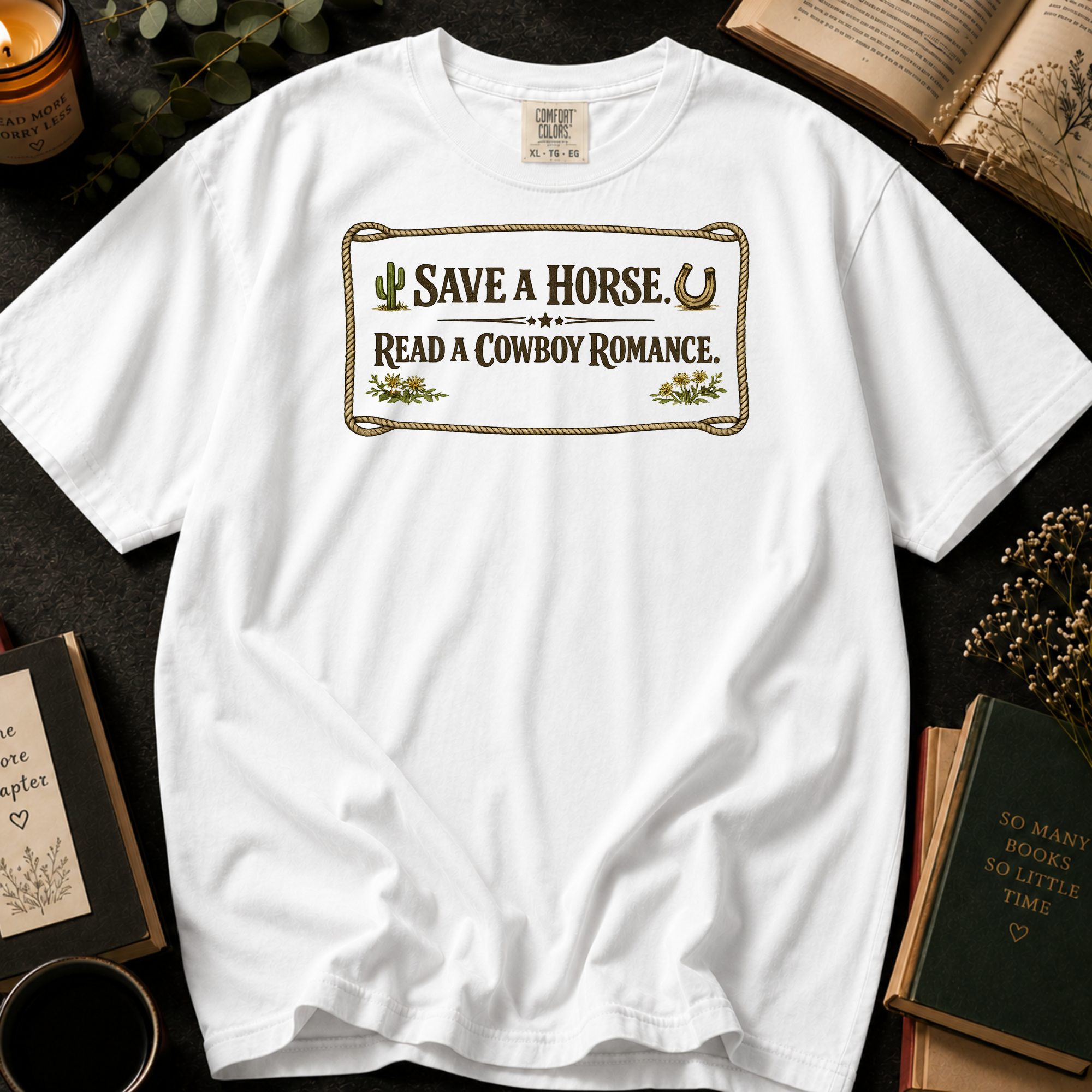 Save A Horse, Read A Cowboy Romance T-Shirt: Western Rope in White - Comfort Colors® T-Shirt
