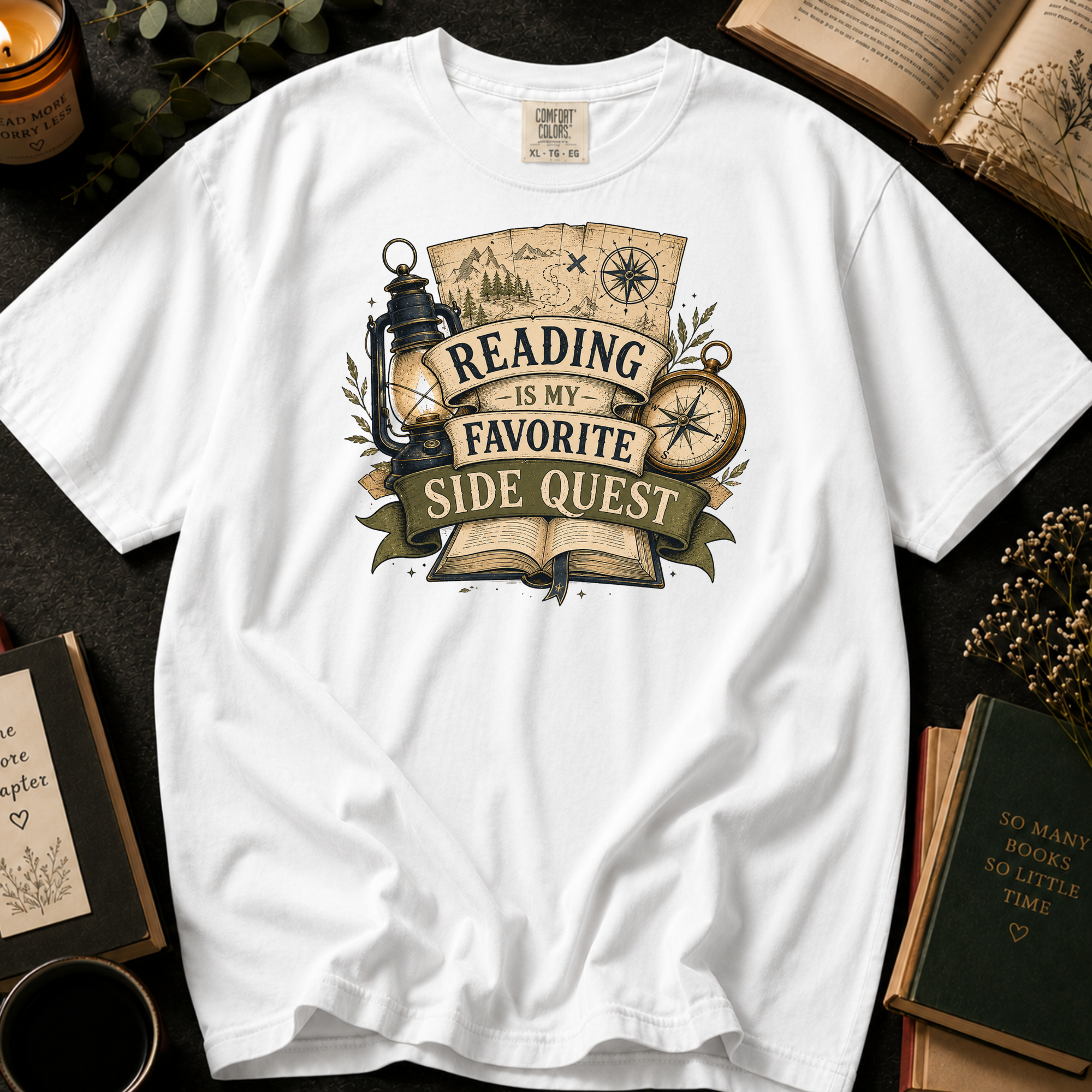 Reading Is My Favorite Side Quest T-Shirt: Vintage Map and Compass in White - Comfort Colors® T-Shirt