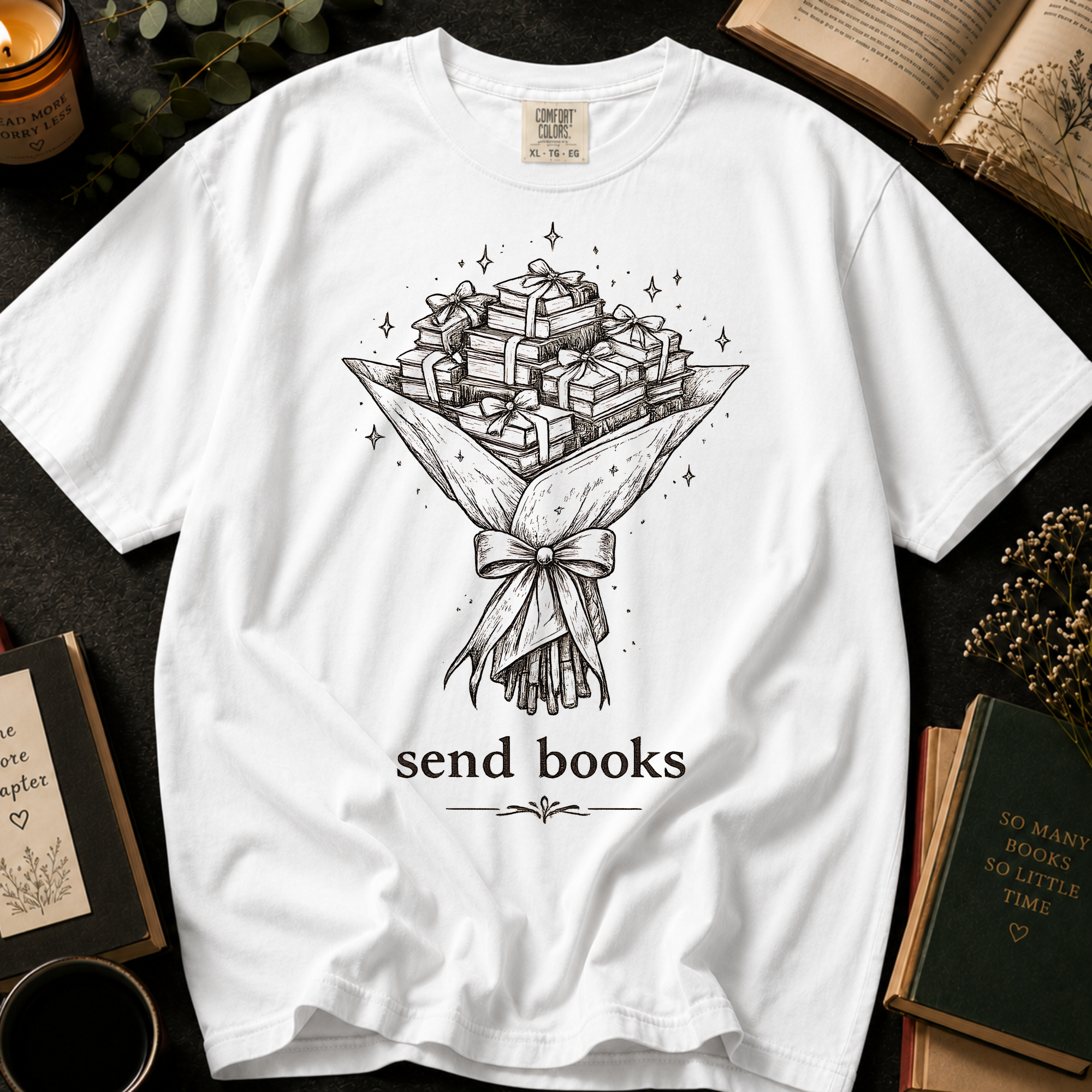 Send Books T-Shirt: Book Bouquet Sketch in White - Comfort Colors® T-Shirt