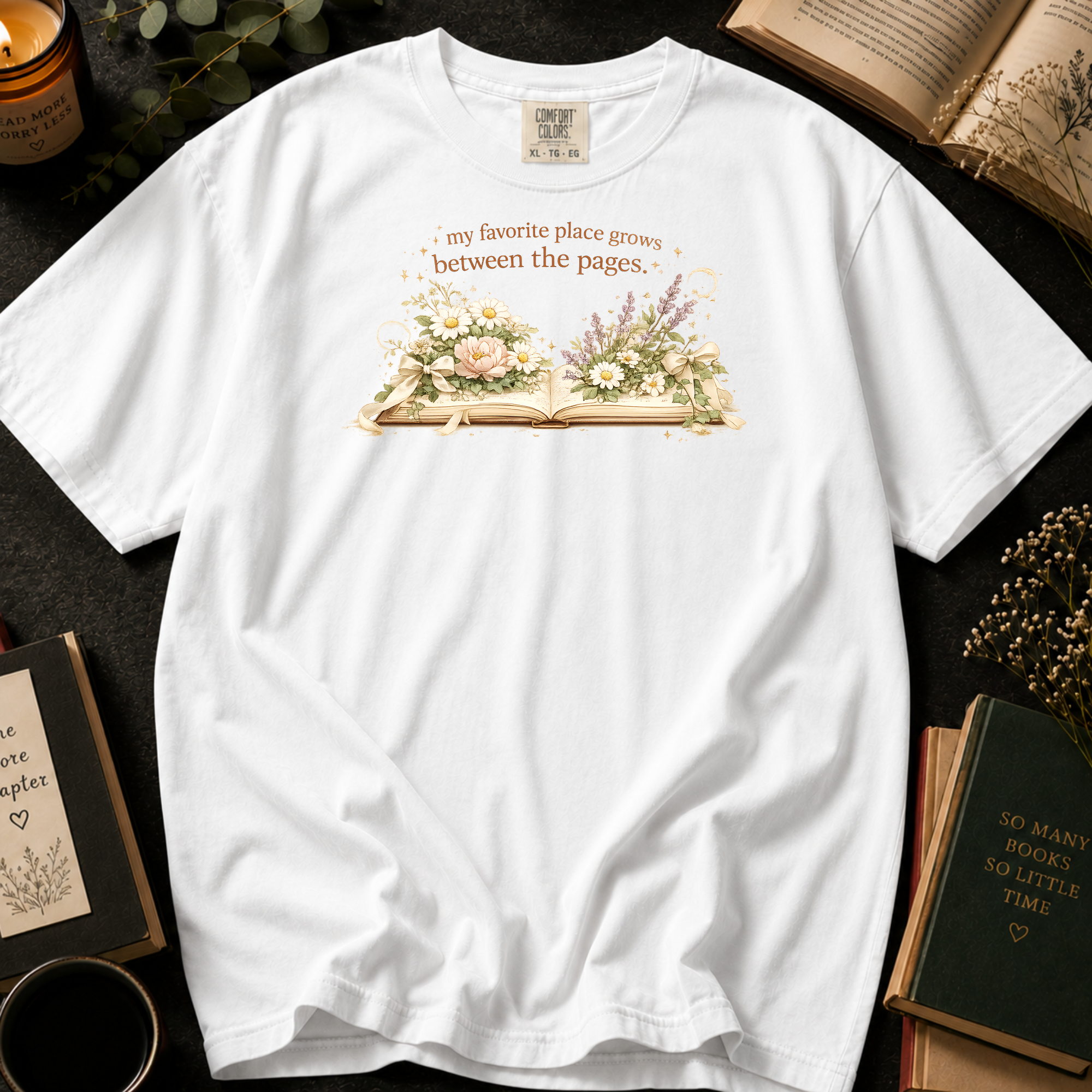 My Favorite Place Grows Between the Pages T-Shirt: Floral Open Book in White - Comfort Colors® T-Shirt