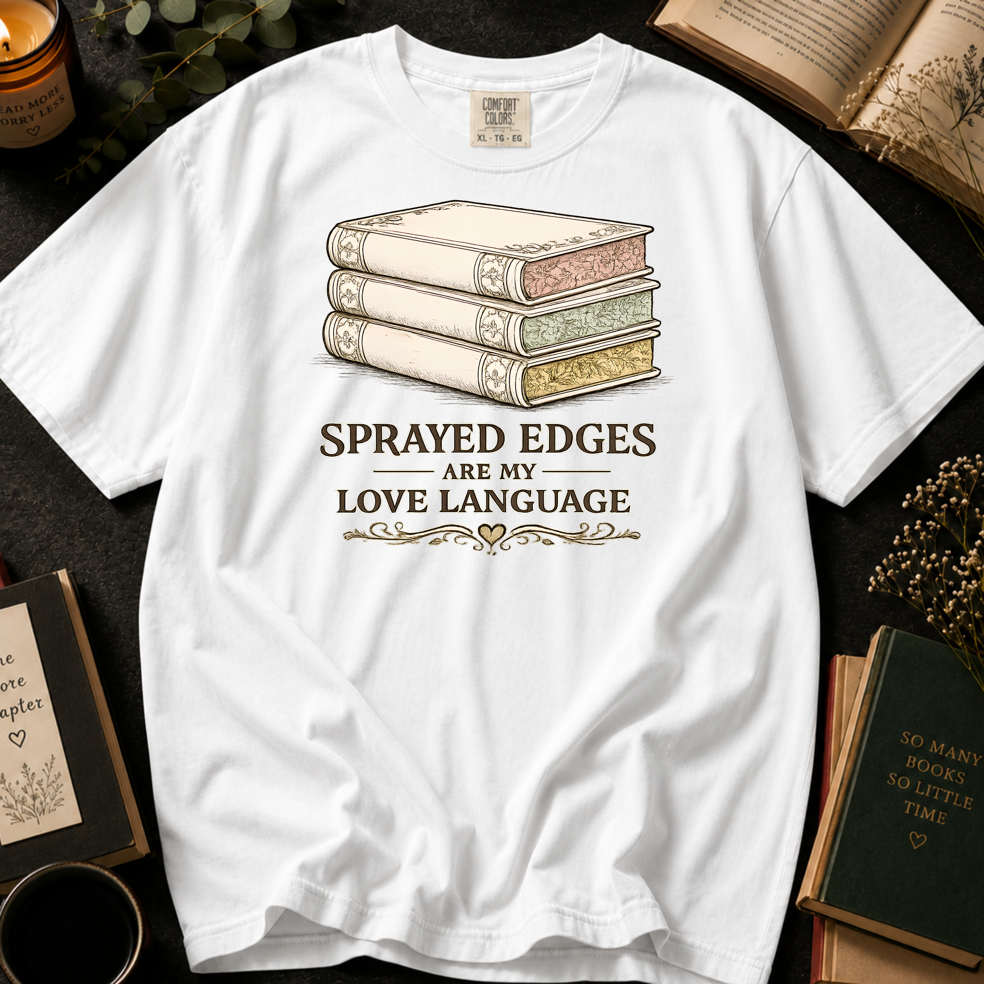 Sprayed Edges Are My Love Language T-Shirt: Vintage Book Stack in White - Comfort Colors® T-Shirt