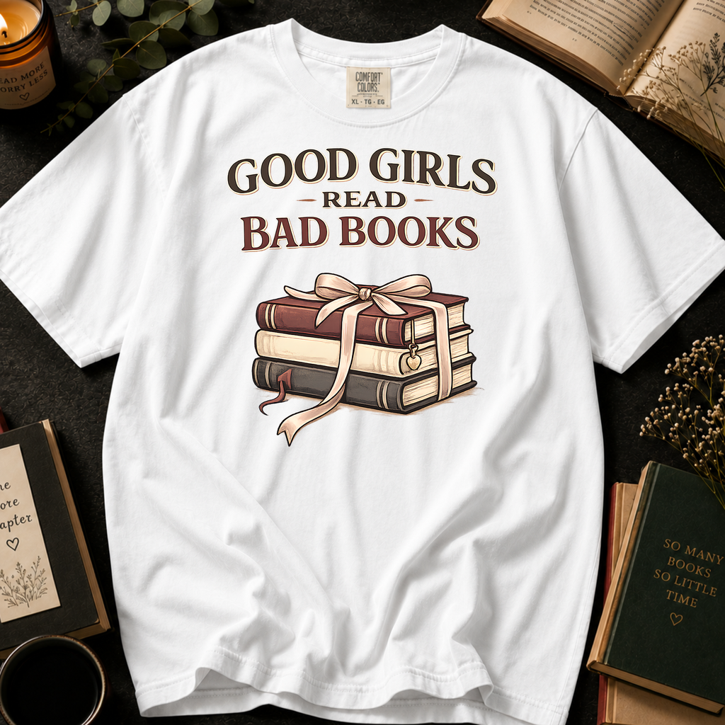 Good Girls Read Bad Books T-Shirt: Ribbon Tied Stack in White - Comfort Colors® T-Shirt