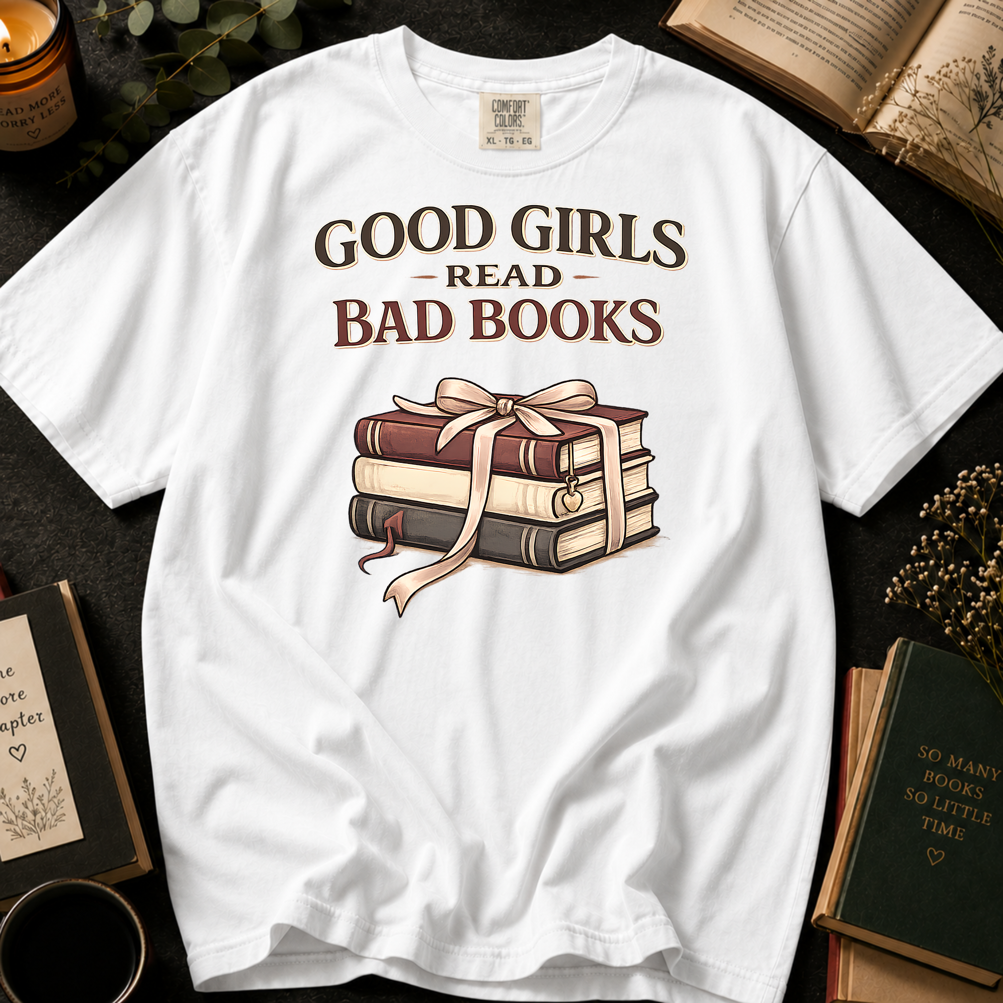 Good Girls Read Bad Books T-Shirt: Ribbon Tied Stack in White - Comfort Colors® T-Shirt