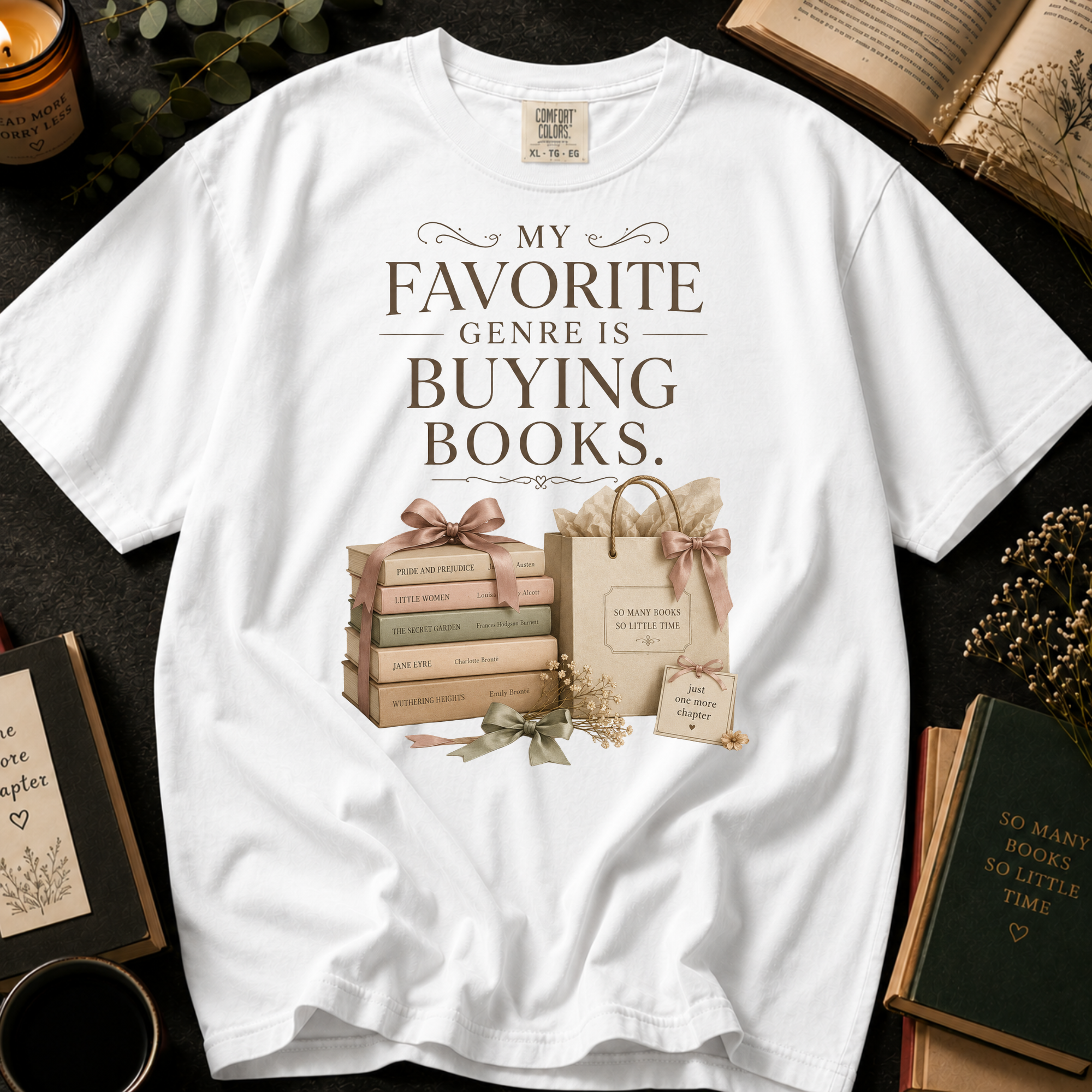 My Favorite Genre Is Buying Books T-Shirt: Classic Book Stack and Gift Bag in White - Comfort Colors® T-Shirt