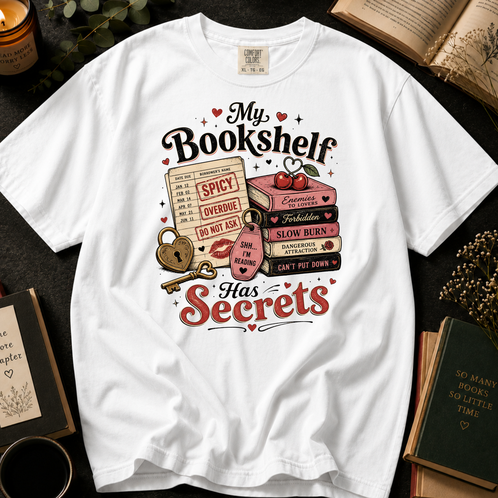 My Bookshelf Has Secrets T-Shirt: Spicy Romance Library Card in White - Comfort Colors® T-Shirt