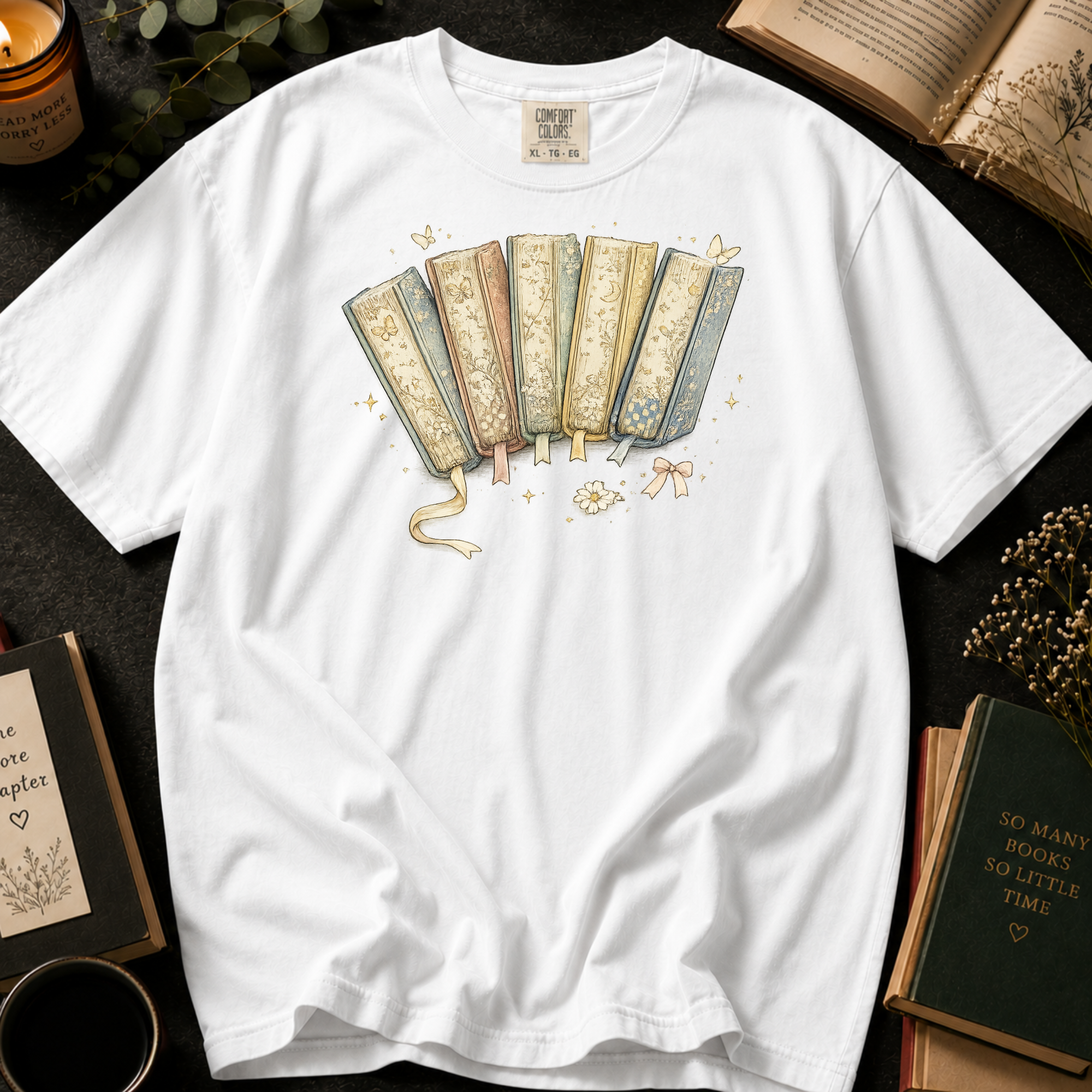 Vintage Floral Book Spines T-Shirt: Storybook Fan in White - Comfort Colors® T-Shirt