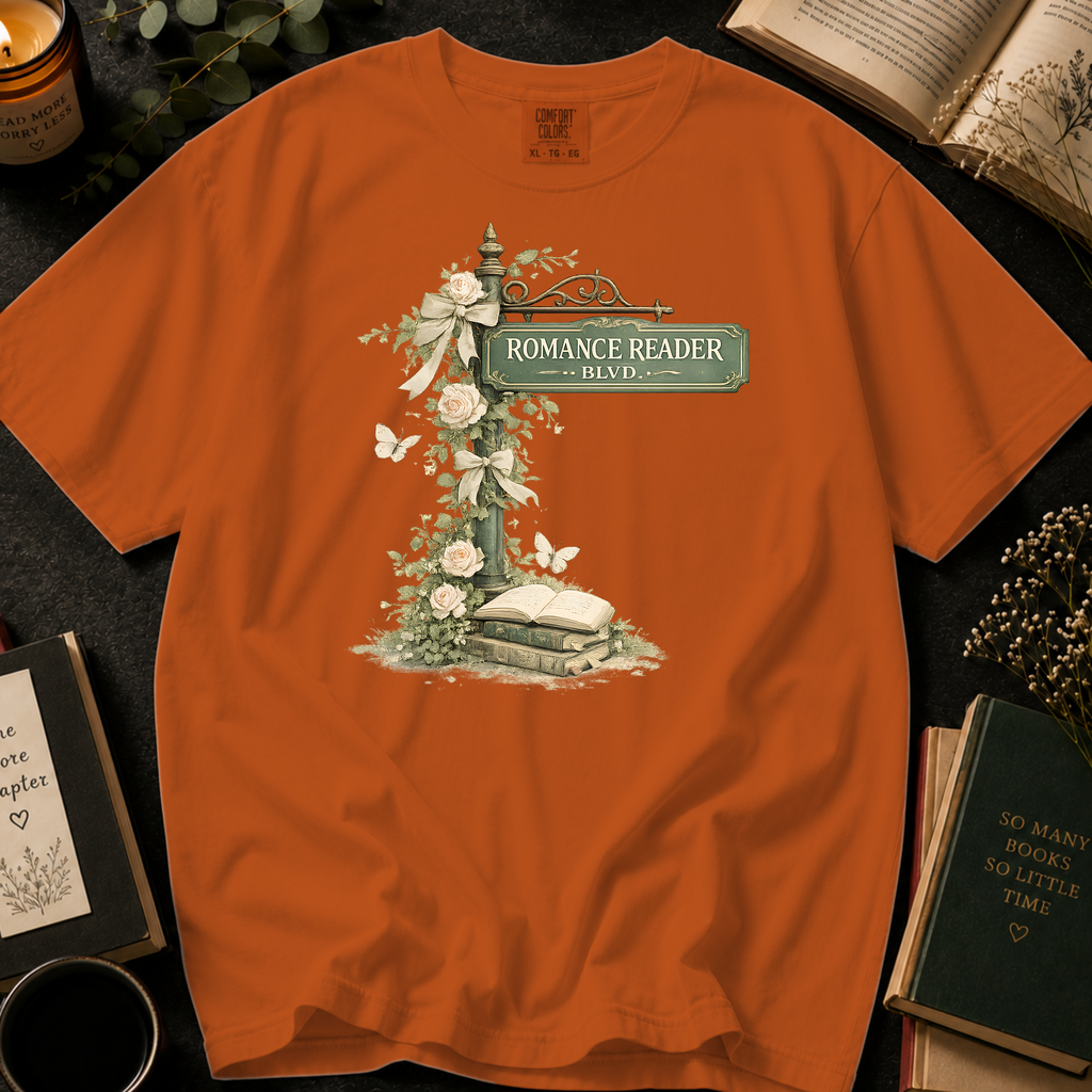 Romance Reader Blvd T-Shirt: Vintage Street Sign Floral in Yam - Comfort Colors® T-Shirt