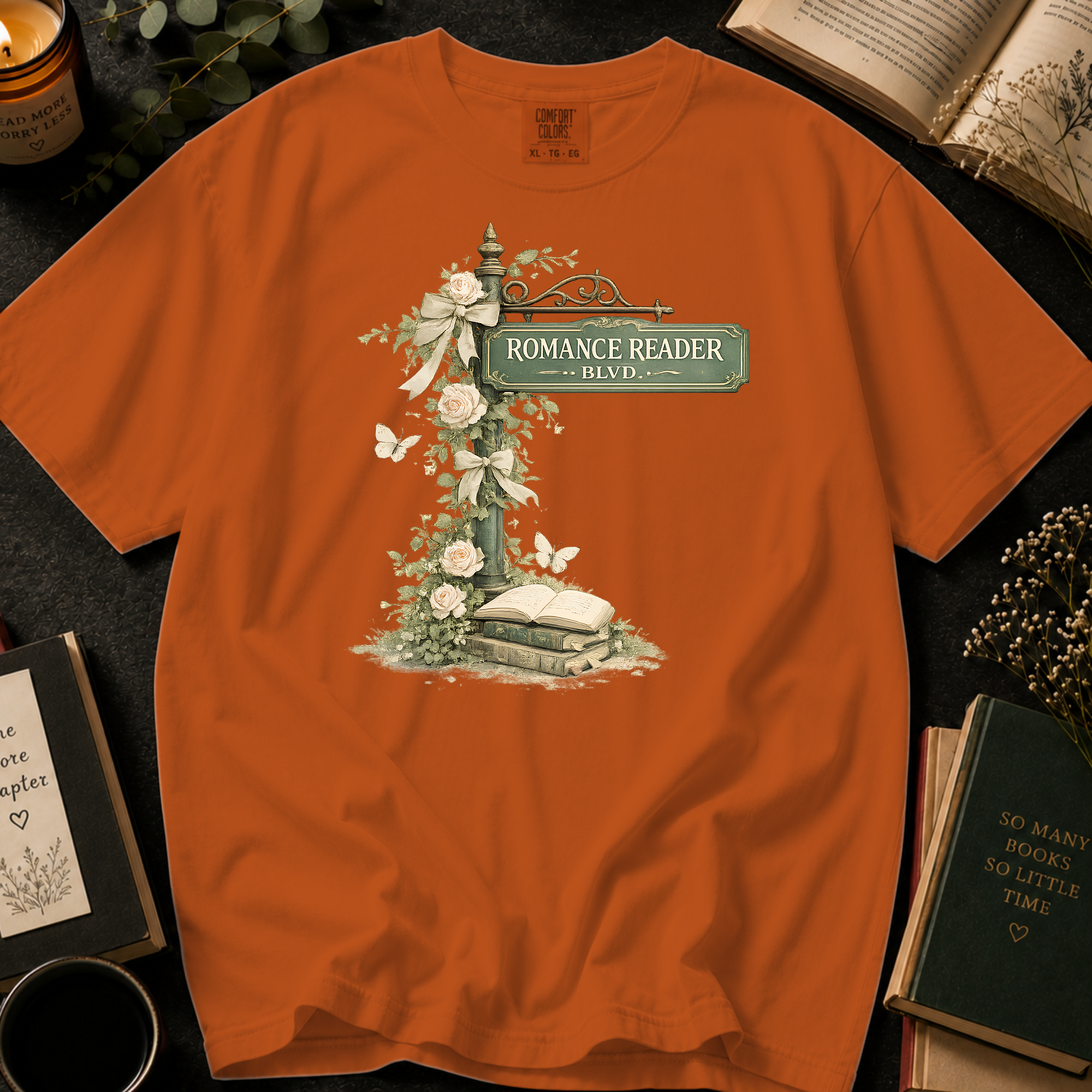 Romance Reader Blvd T-Shirt: Vintage Street Sign Floral in Yam - Comfort Colors® T-Shirt