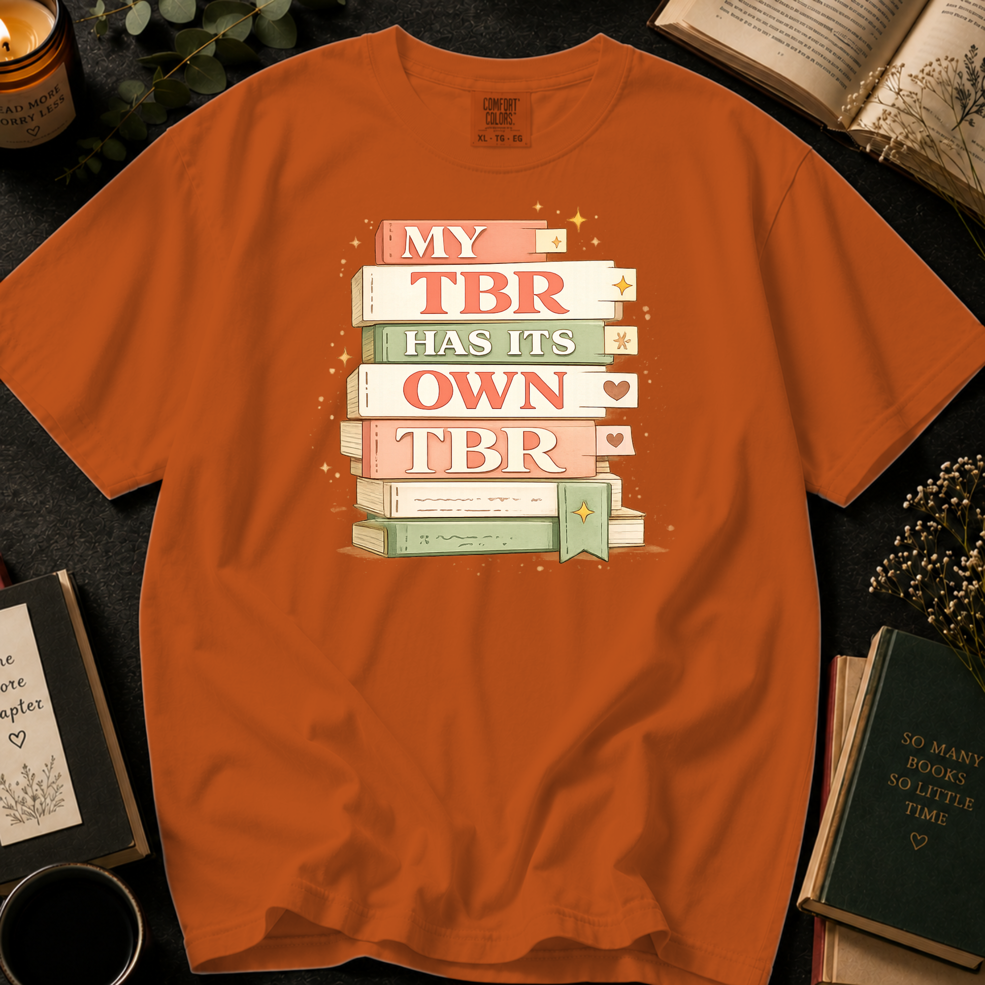 My TBR Has Its Own TBR T-Shirt: Stacked Book Spine in Yam - Comfort Colors® T-Shirt