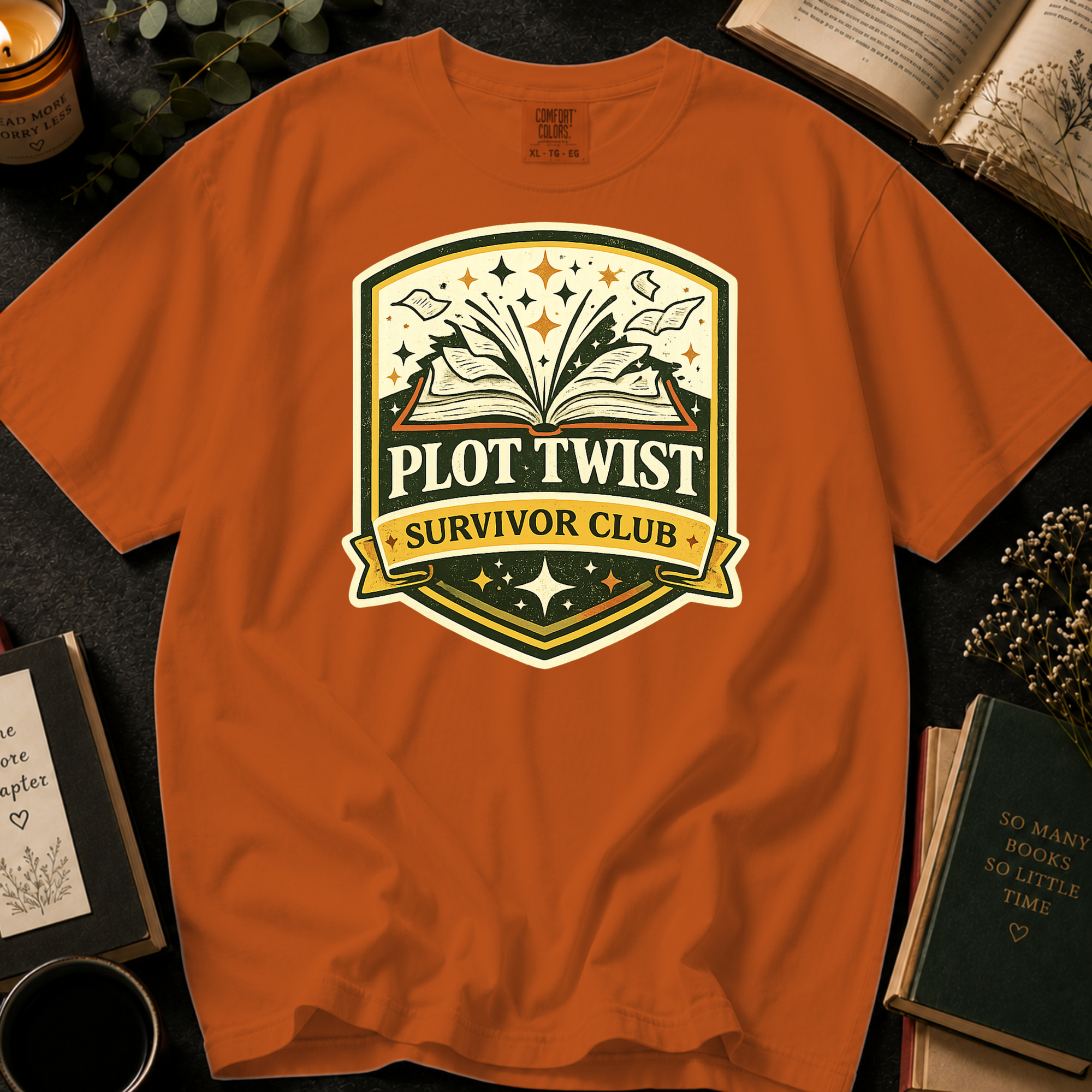 Plot Twist Survivor Club T-Shirt: Vintage Badge Book Lover in Yam - Comfort Colors® T-Shirt