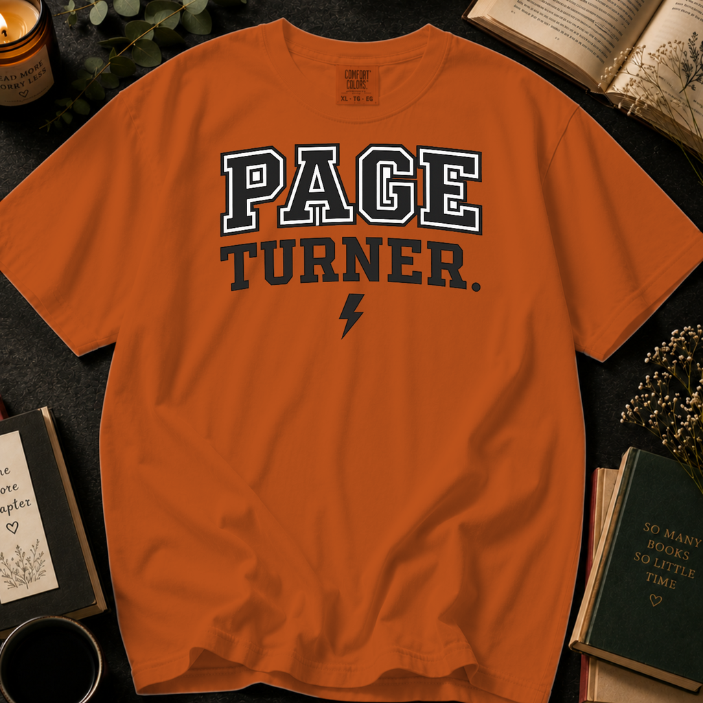 Page Turner T-Shirt: Varsity Style Book Lover in Yam - Comfort Colors® T-Shirt