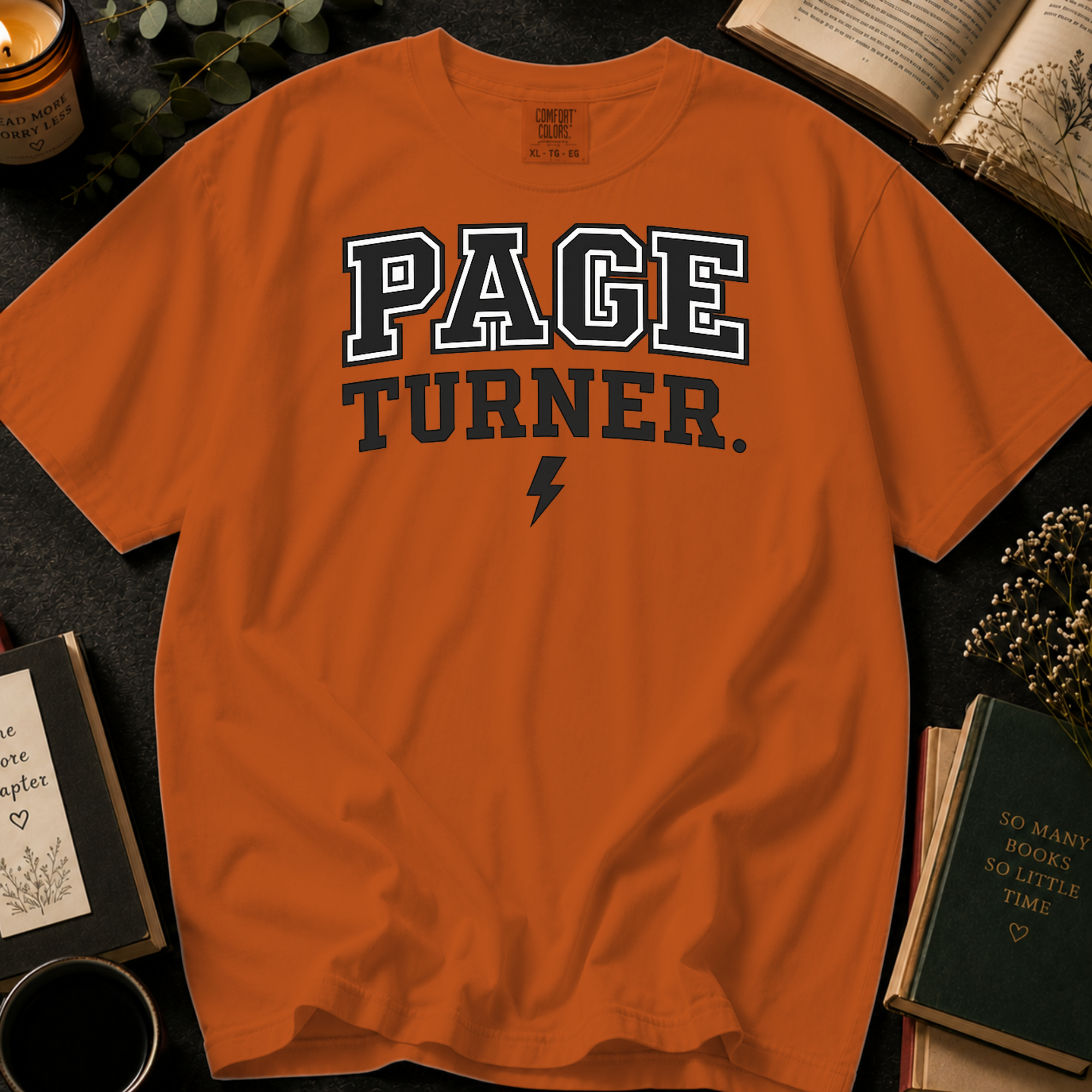 Page Turner T-Shirt: Varsity Style Book Lover in Yam - Comfort Colors® T-Shirt