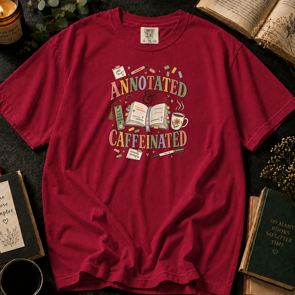 Annotated & Caffeinated T-Shirt in Crimson, Between the Pages