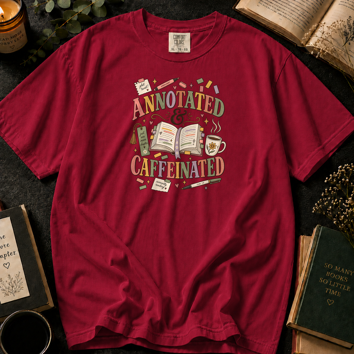 Annotated & Caffeinated T-Shirt in Crimson, Between the Pages