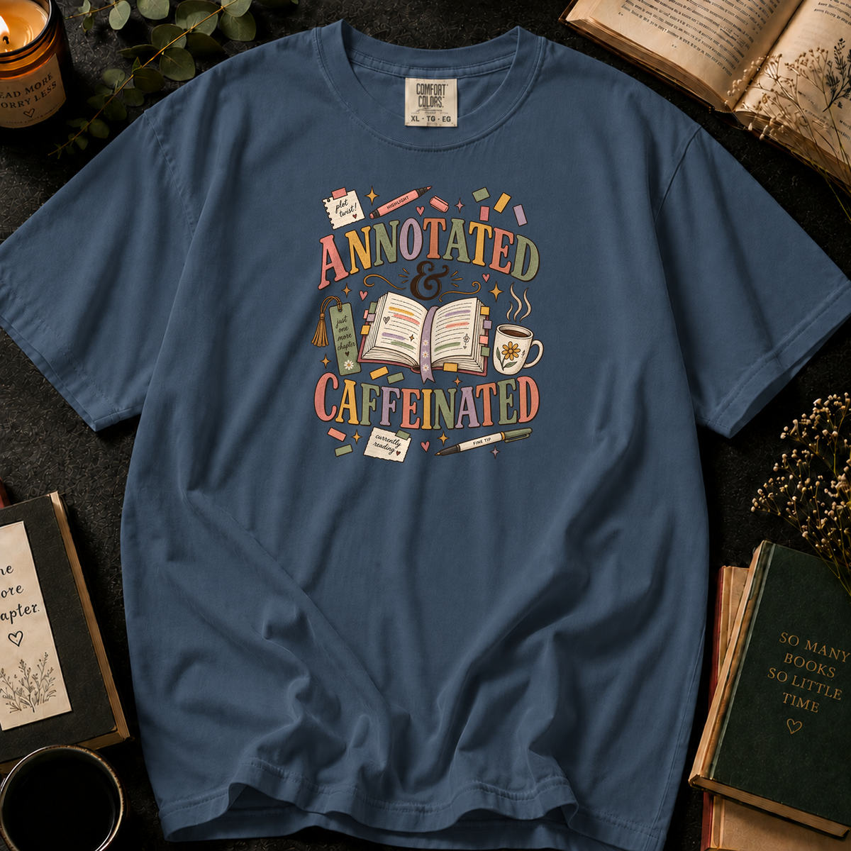 Annotated & Caffeinated T-Shirt in Denim, Between the Pages