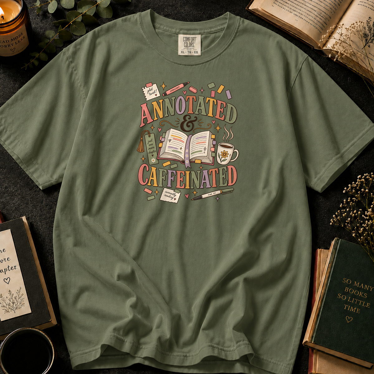 Annotated & Caffeinated T-Shirt in Sage, Between the Pages