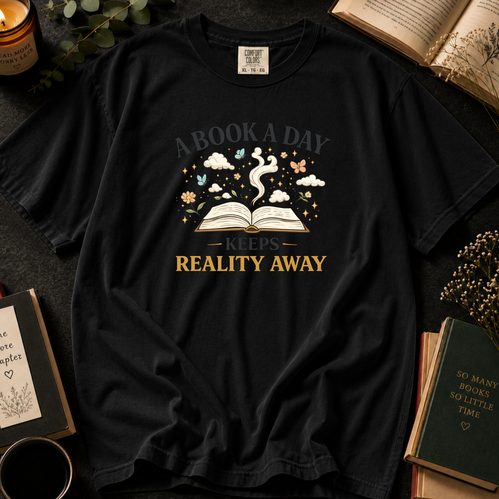 A Book A Day Keeps Reality Away T-Shirt: Cozy Morning Flatlay in Black - Comfort Colors® T-Shirt