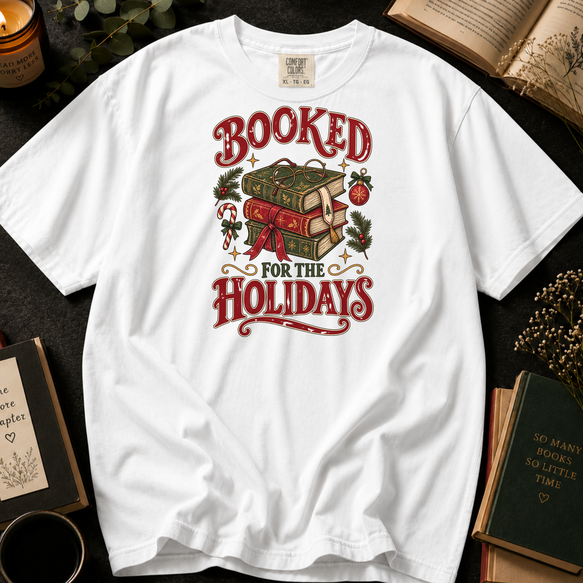 Booked for the Holidays T-Shirt in White, Between the Pages