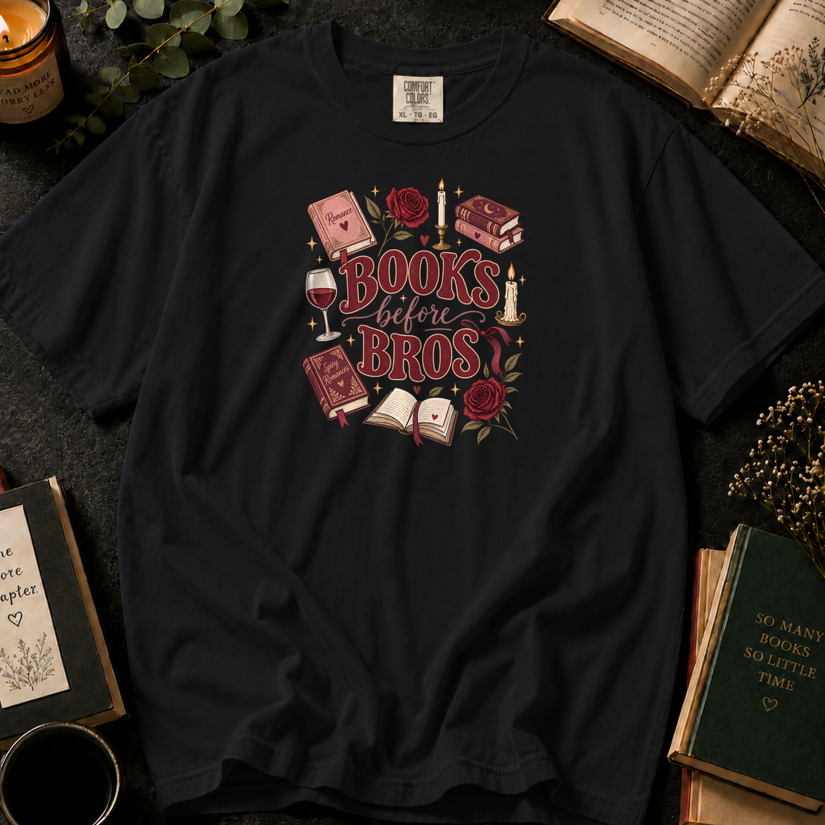 Books Before Bros T-Shirt in Black, Between the Pages