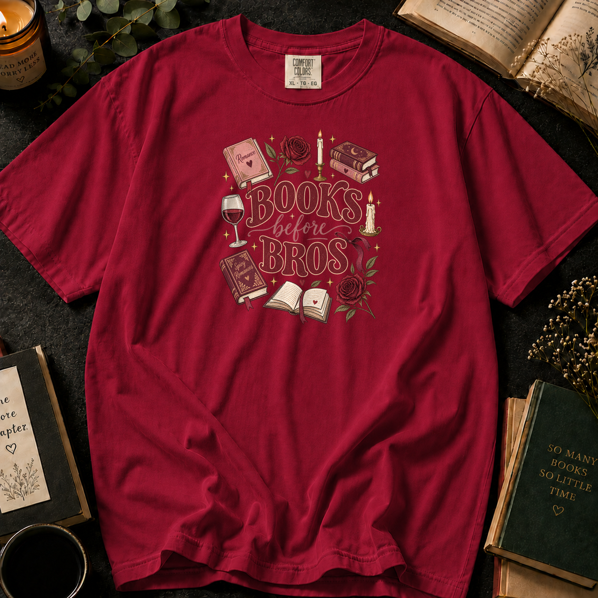 Books Before Bros T-Shirt in Crimson, Between the Pages