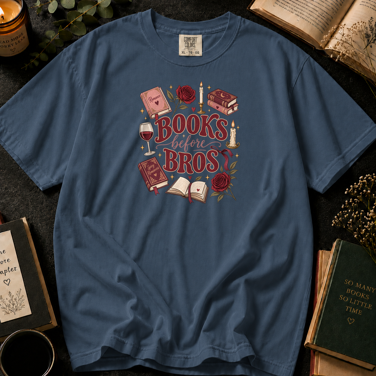 Books Before Bros T-Shirt in Denim, Between the Pages
