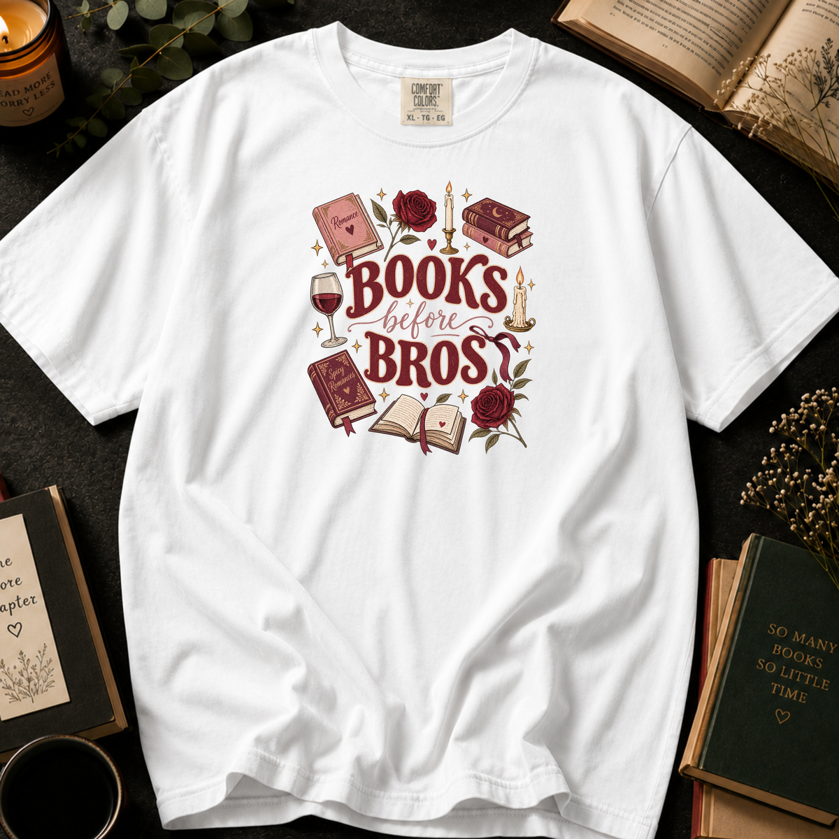 Books Before Bros T-Shirt in White, Between the Pages