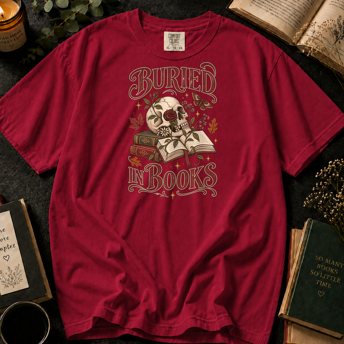 Buried in Books T-Shirt in Crimson, Between the Pages