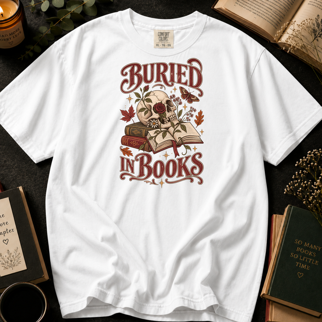 Buried in Books T-Shirt in White, Between the Pages