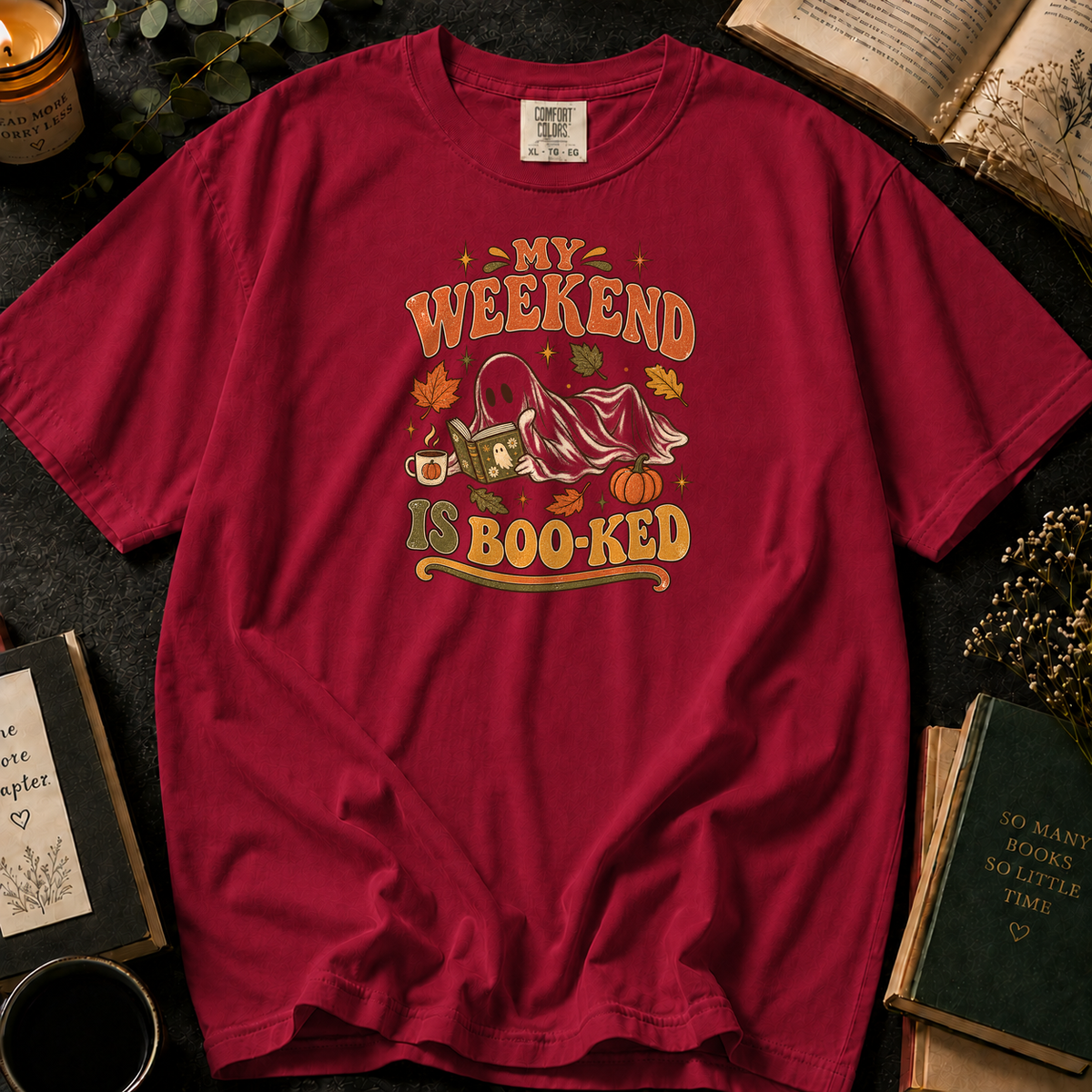 Cozy Spooky Reading T-Shirt in Crimson, Between the Pages