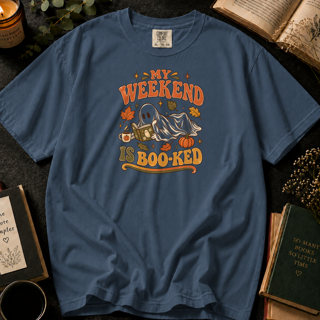 Cozy Spooky Reading T-Shirt in Denim, Between the Pages