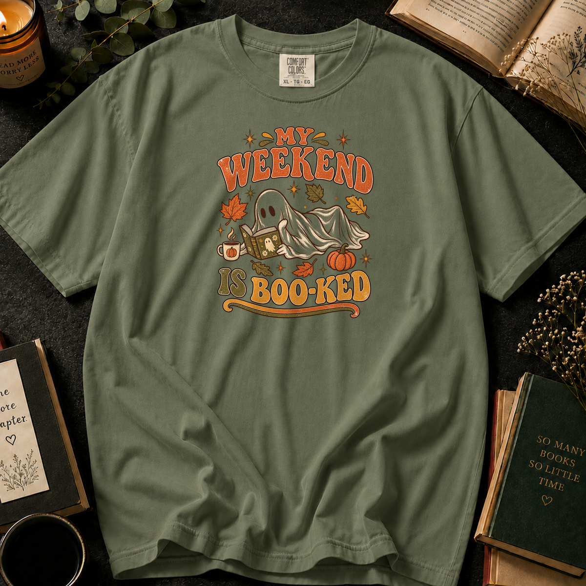 Cozy Spooky Reading T-Shirt in Sage, Between the Pages